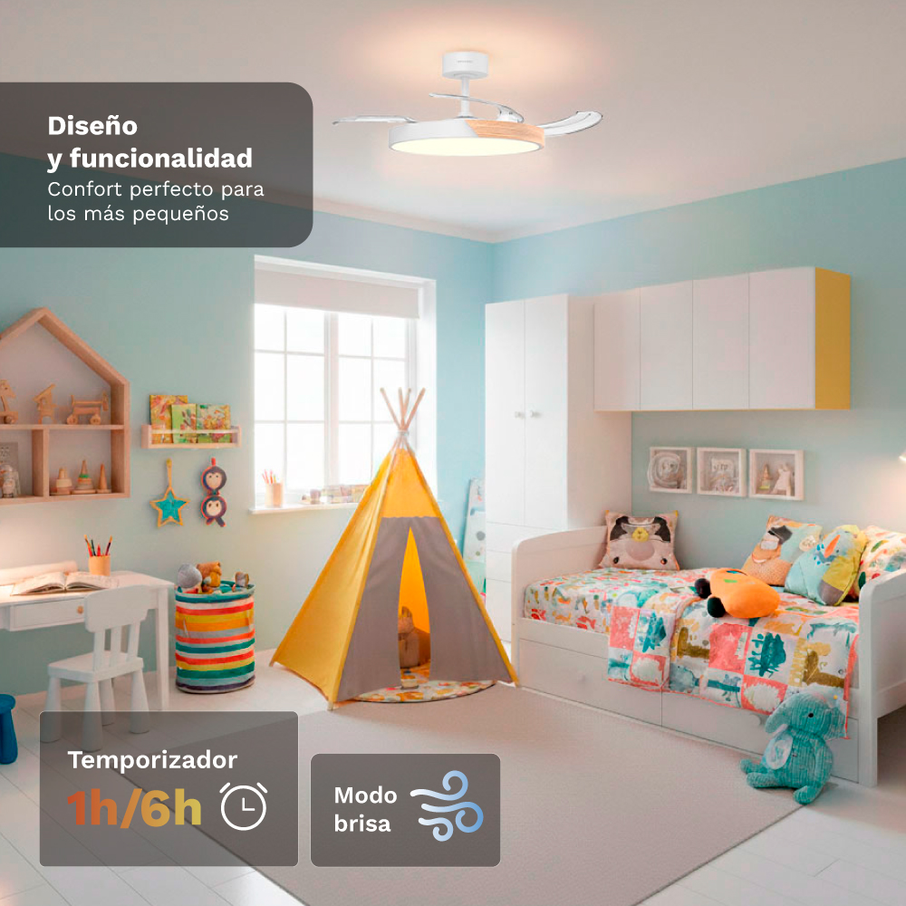 Habitación infantil con cama, tienda de campaña, escritorio y ventilador de techo.