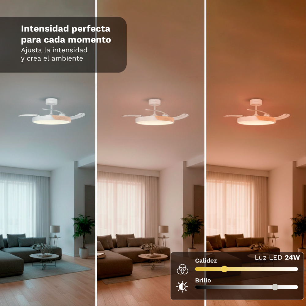 Ventilador de techo moderno con luz, mostrando diferentes colores y brillos de luz.