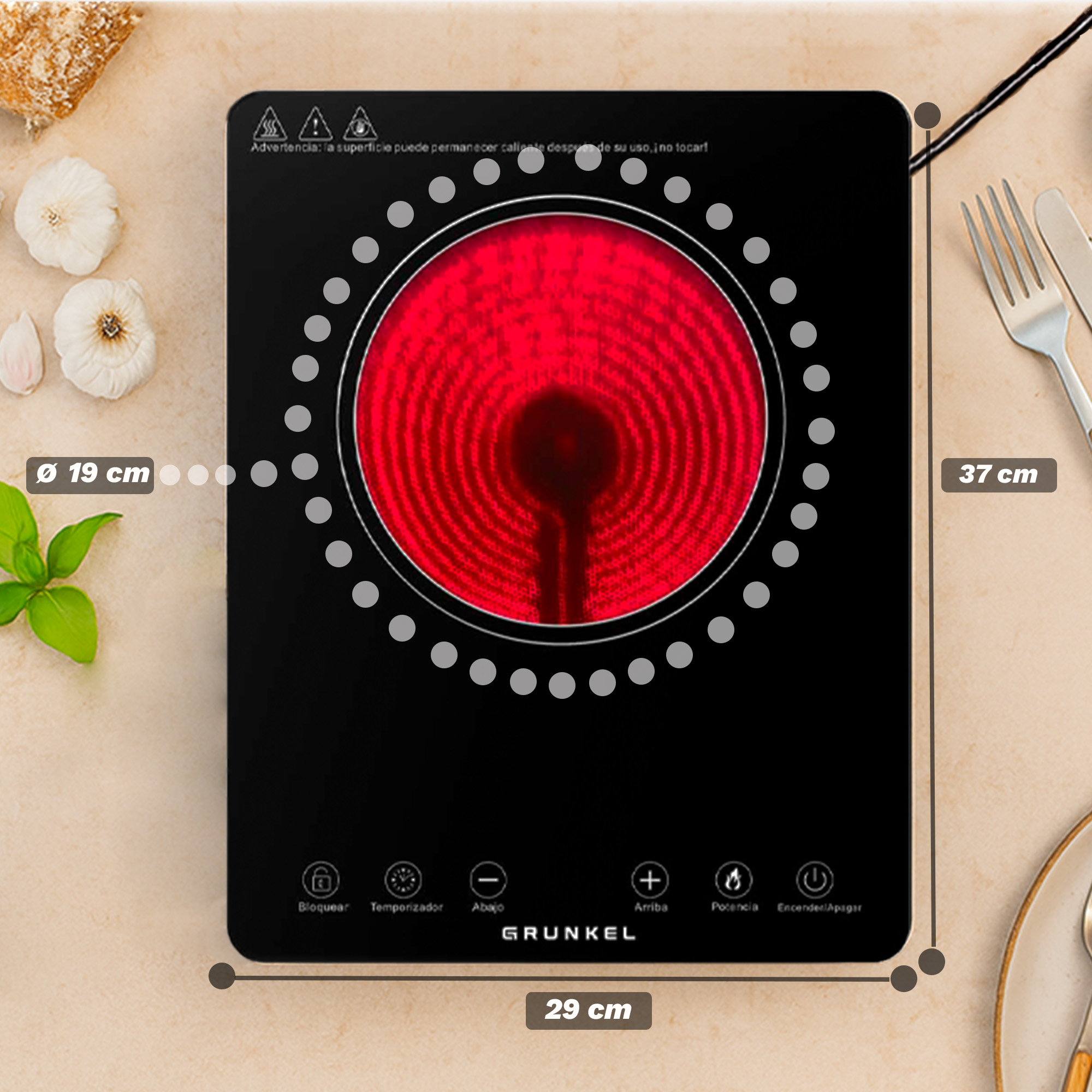 Placa de inducción negra con elemento calefactor rojo y botones.