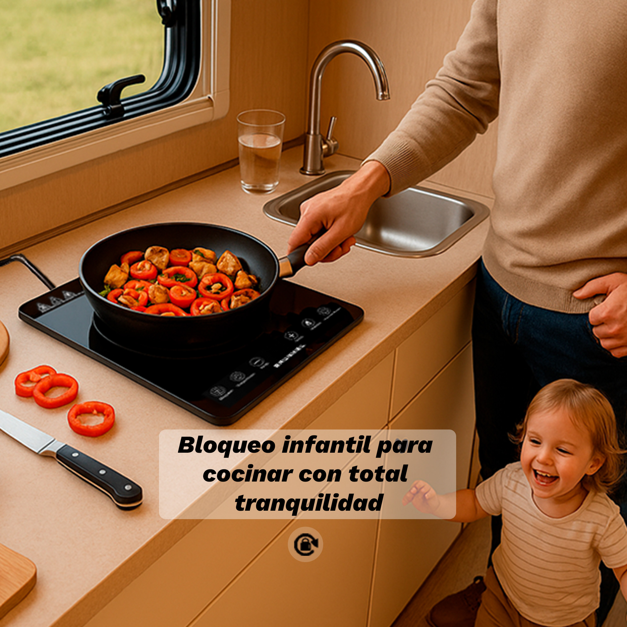 Un hombre cocina en una autocaravana, un niño pequeño ríe al frente.