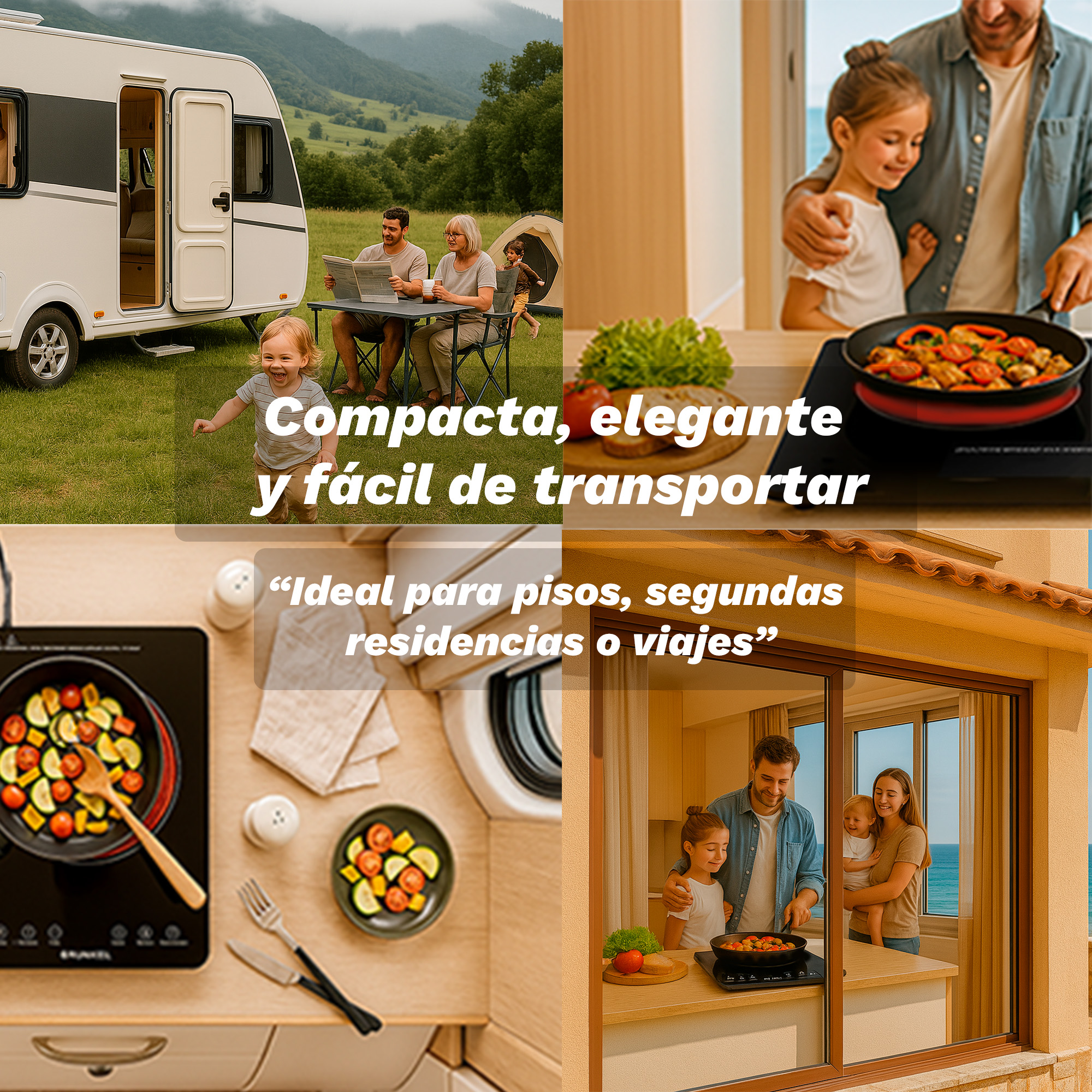 Familia en una caravana y en una cocina preparando comidas.