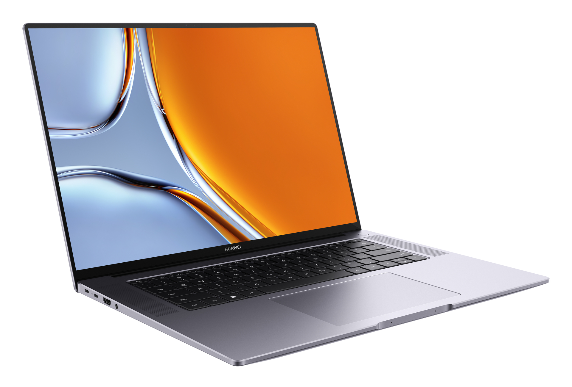 Ein silberner Huawei-Laptop mit beleuchteter Tastatur und einem orangen Hintergrund auf dem Bildschirm.