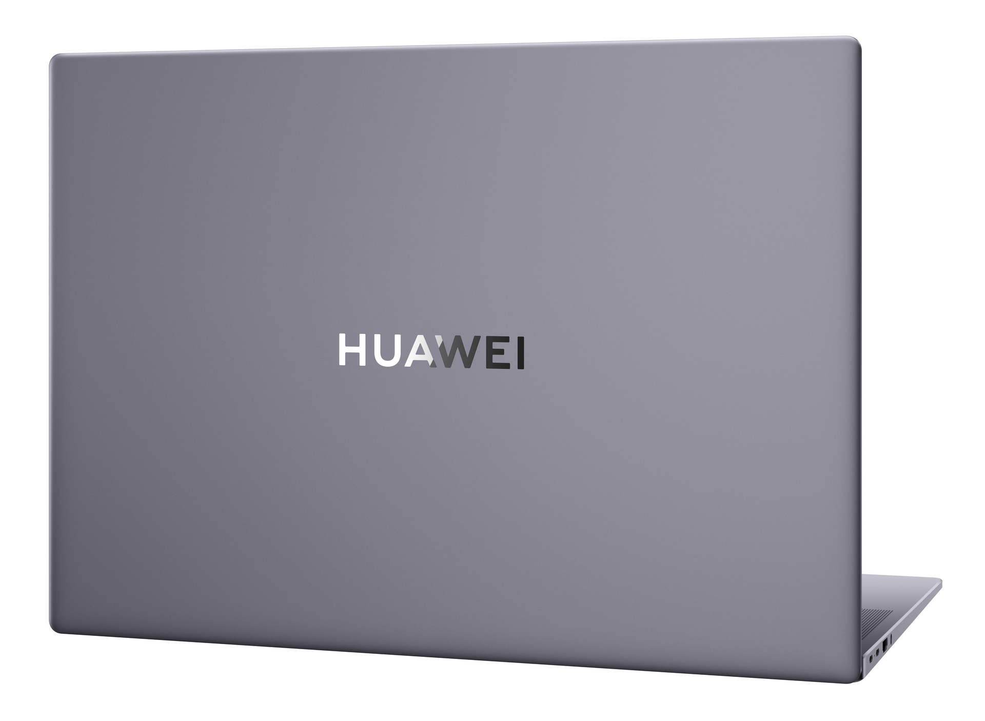 Grauer Huawei Laptop mit Logo auf der Rückseite, auf weißem Hintergrund.