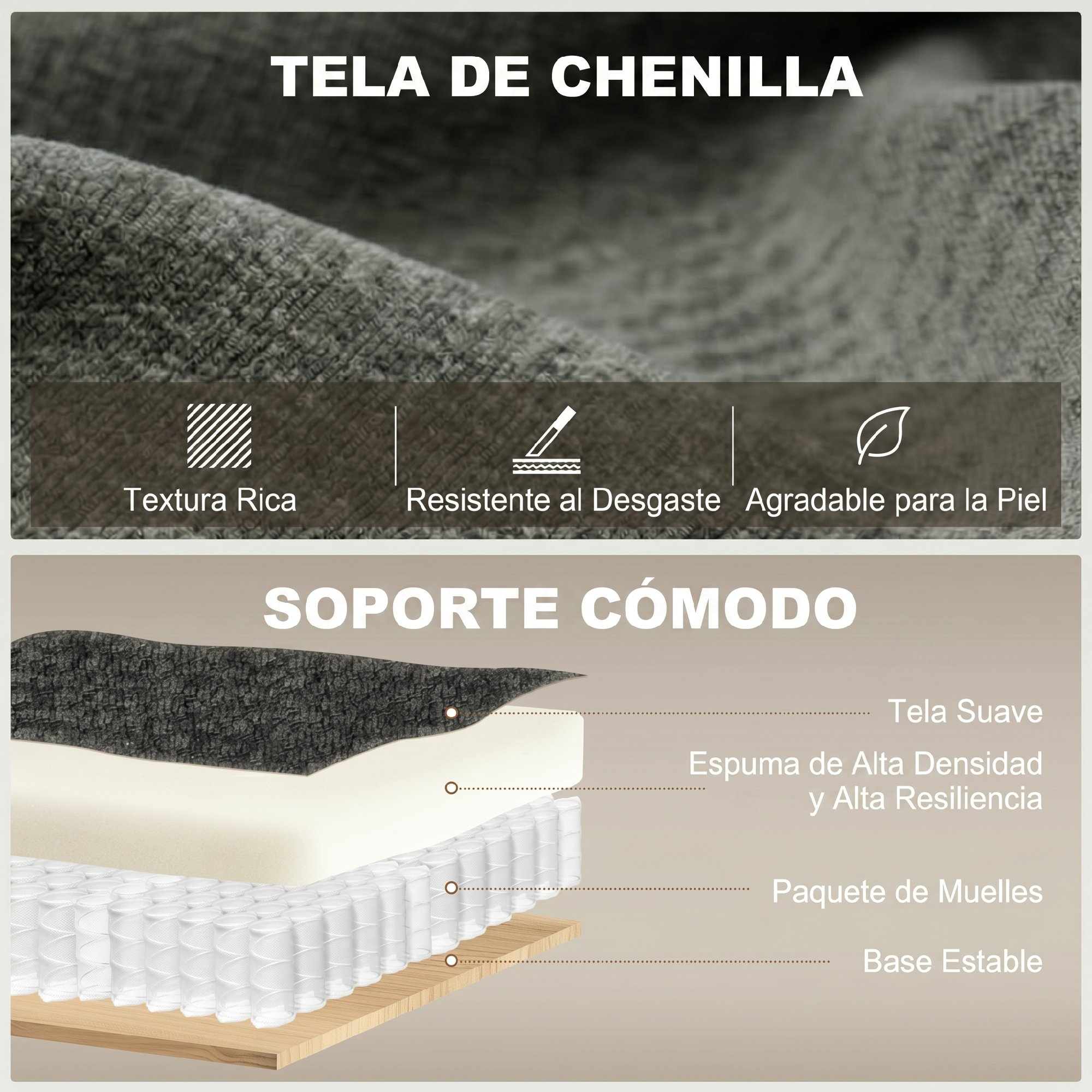 Tela de chenilla: textura rica, resistente al desgaste, agradable. Soporte: tela suave, espuma, resortes, base estable.