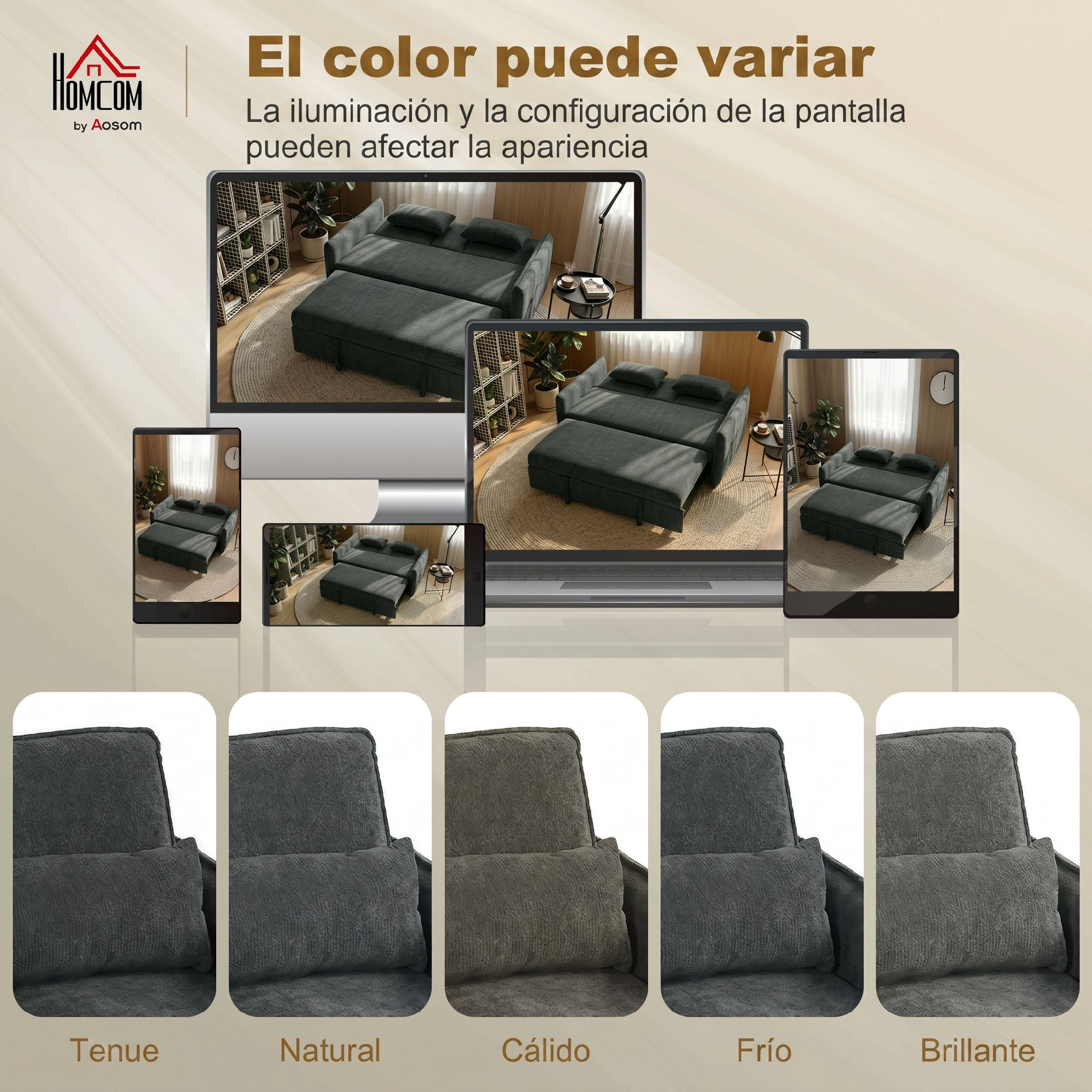 Sofá gris oscuro mostrado en varias pantallas. Muestras de tela abajo.