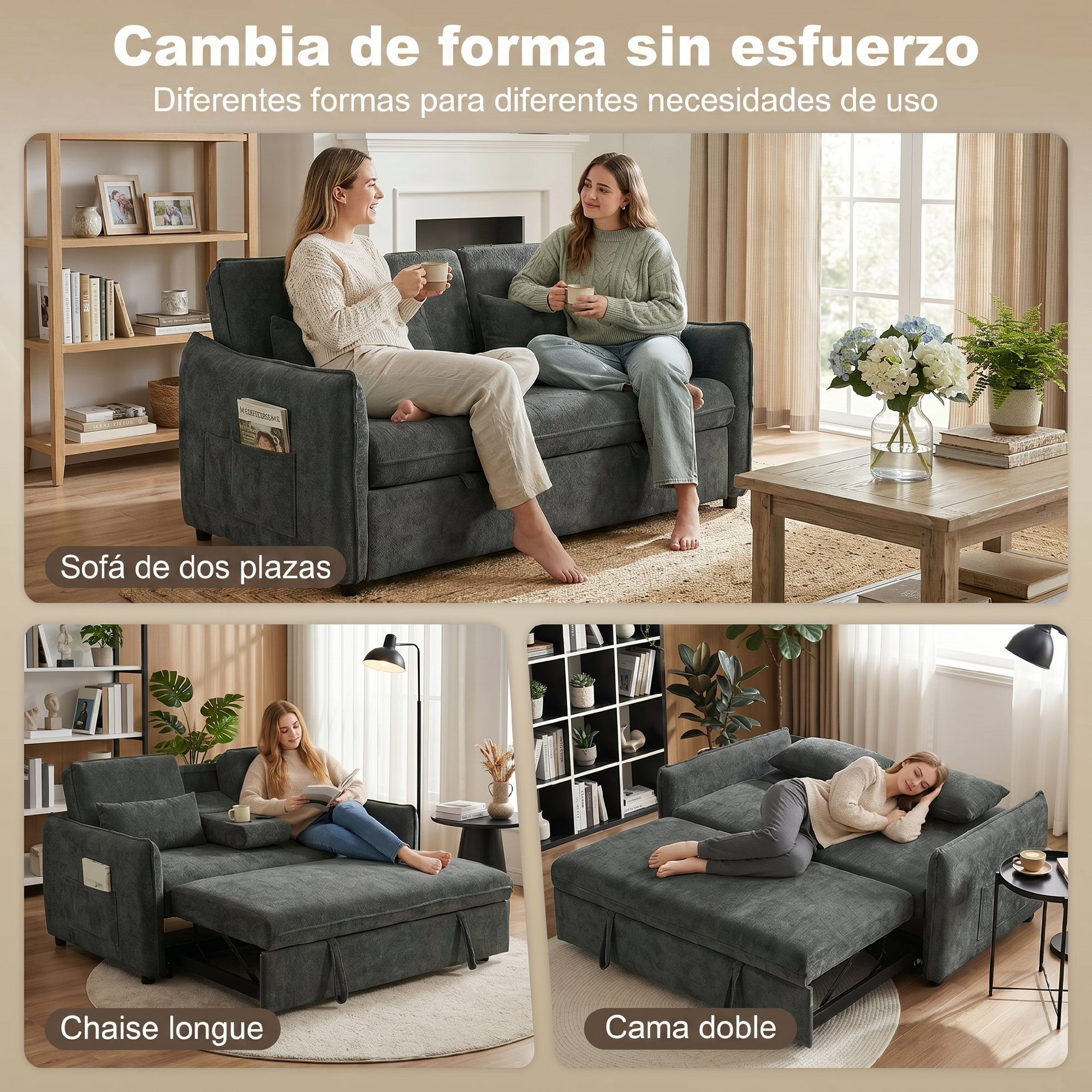 Un sofá cama gris oscuro en tres configuraciones: de dos plazas, chaise longue y cama doble.