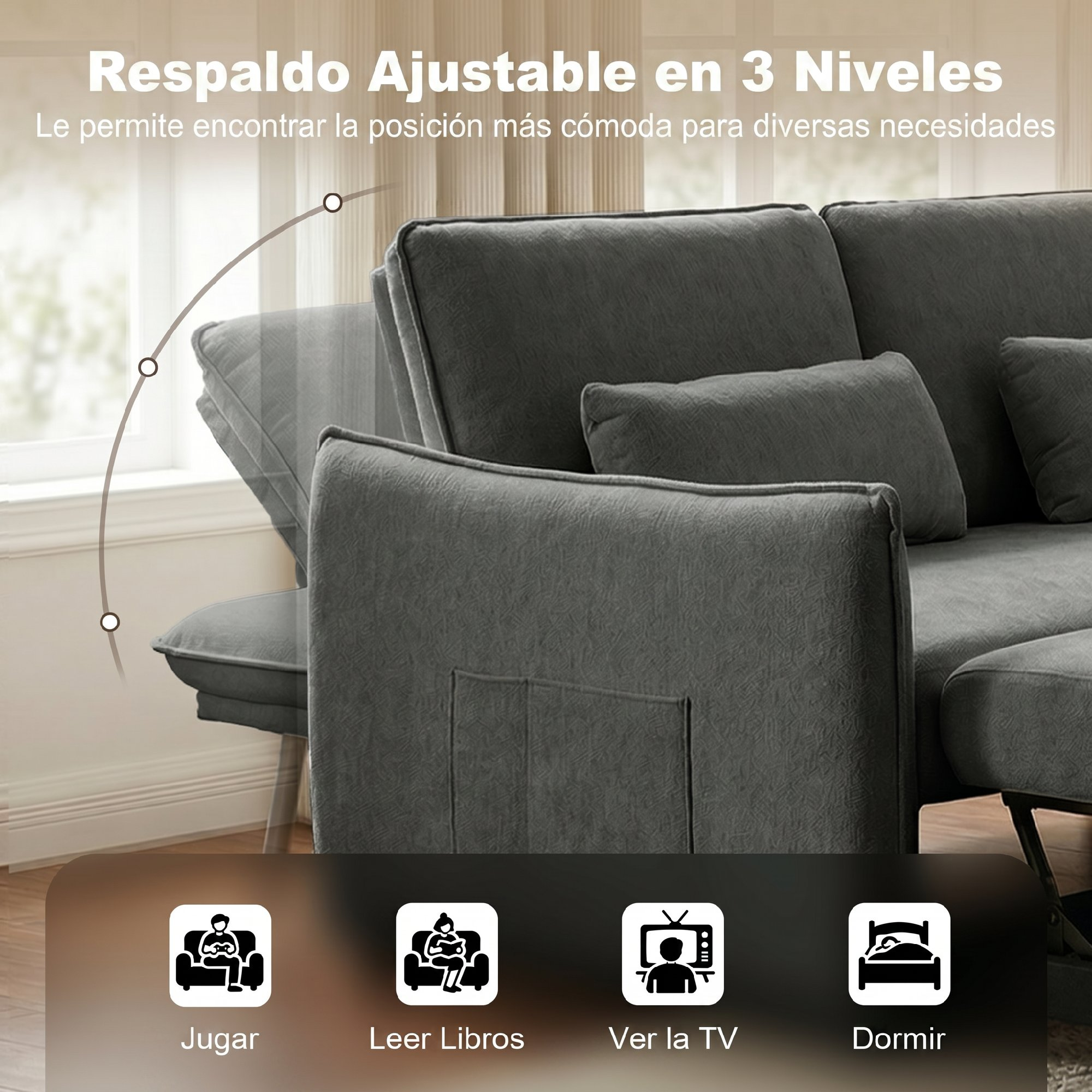 Sofá gris con respaldo ajustable en 3 posiciones: jugar, leer, TV, dormir.