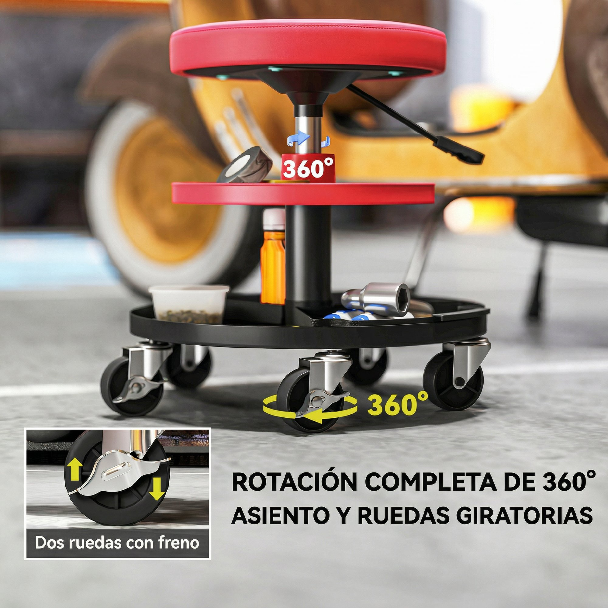 Taburete de mecánico rojo con rotación de 360°, bandeja y ruedas.