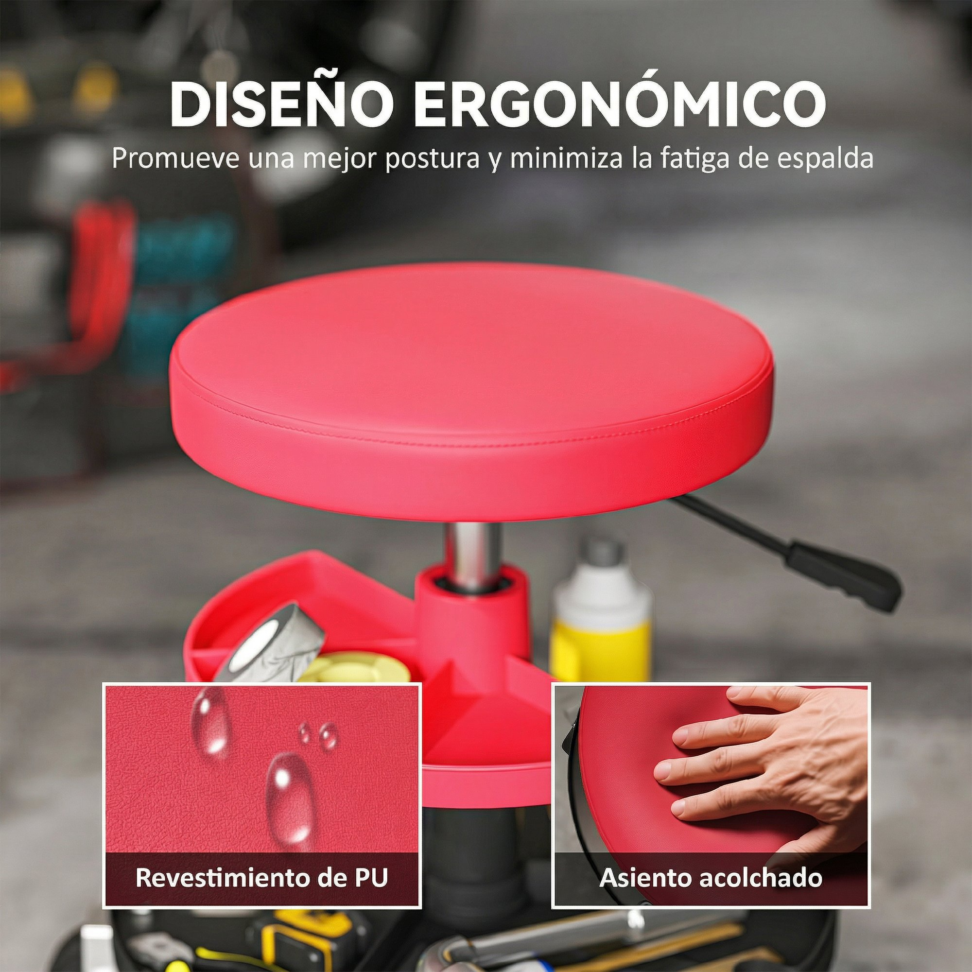 Taburete rojo de mecánico con revestimiento PU y asiento acolchado, herramientas.