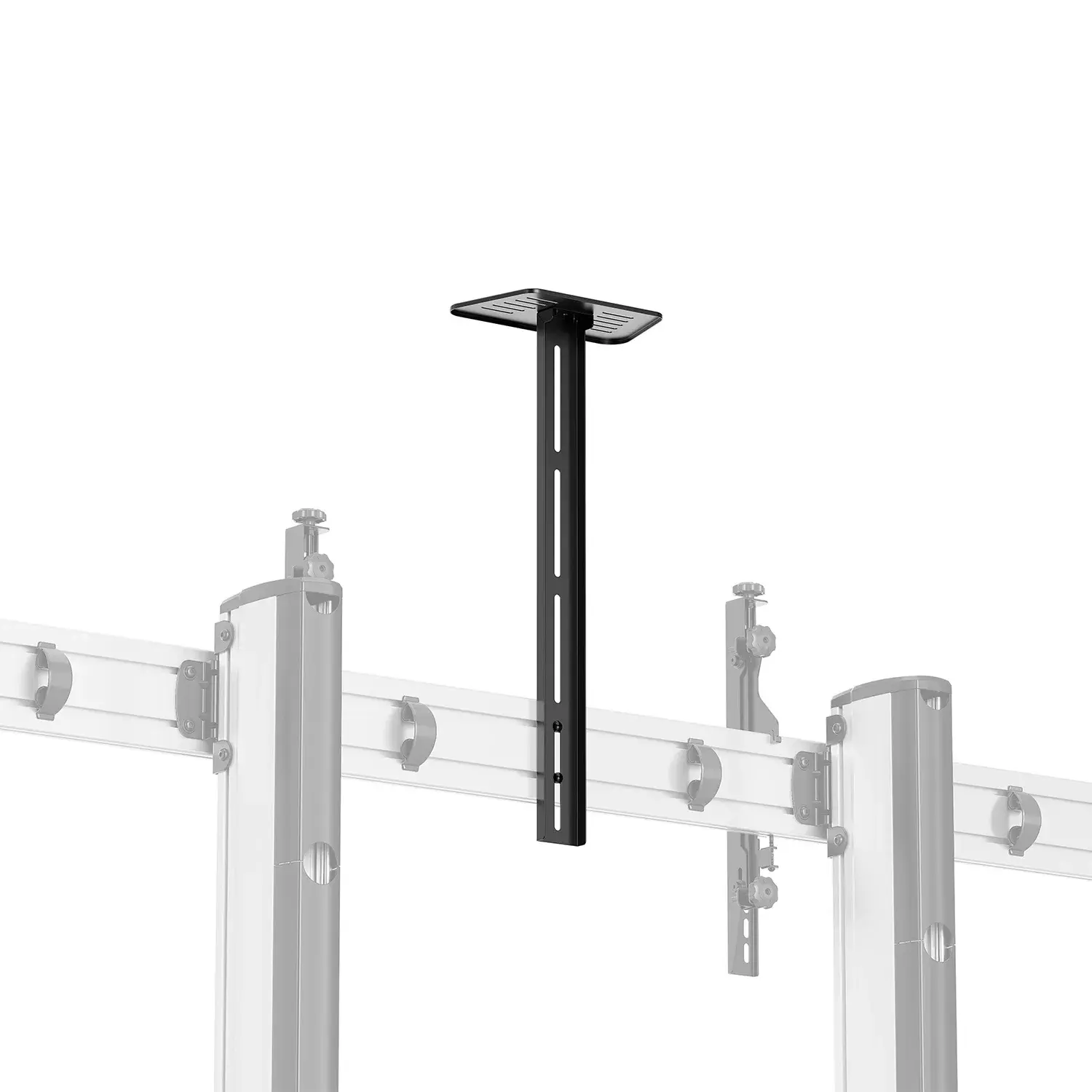 Soporte de techo negro con eje vertical y placa superior plana.