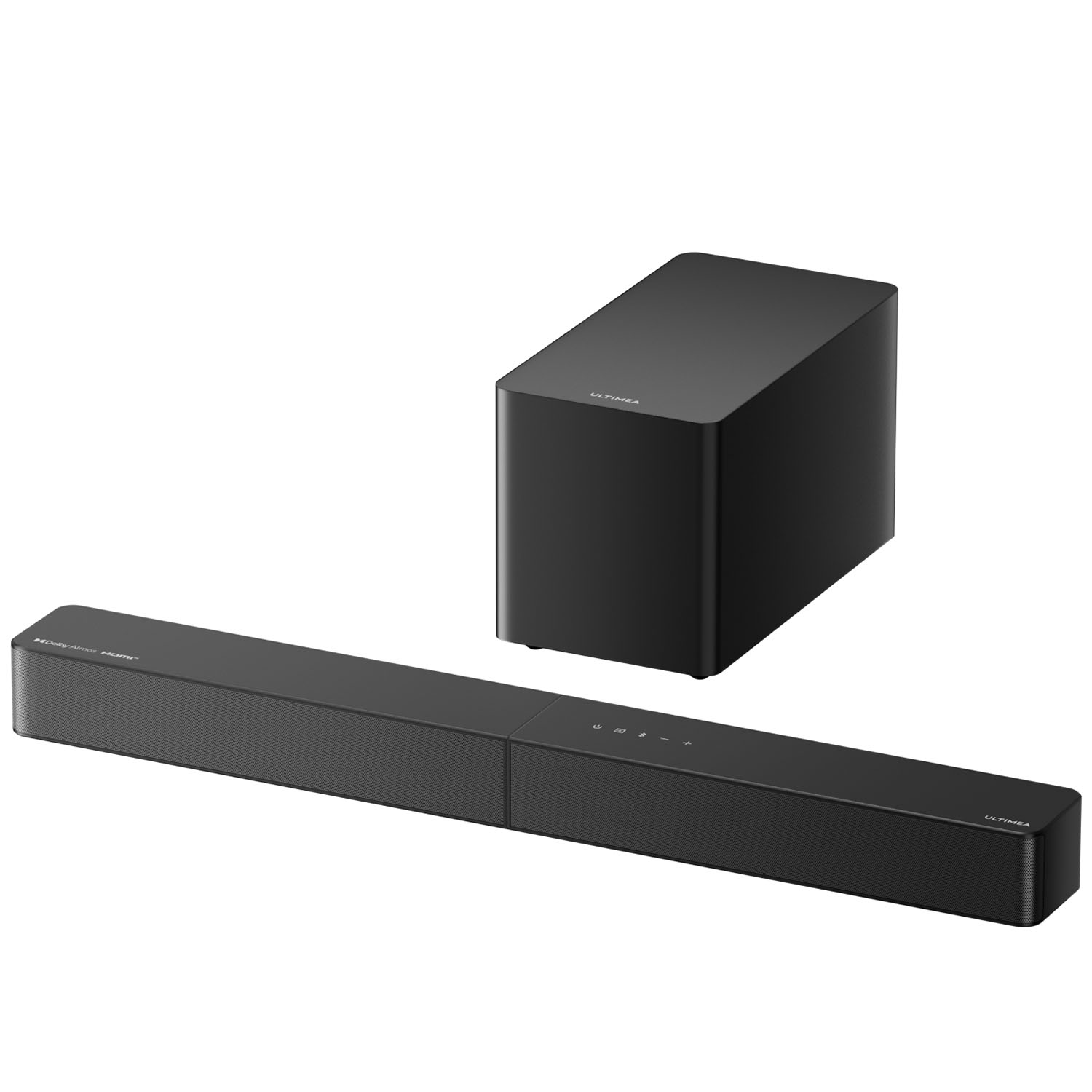 Czarna listwa dźwiękowa i subwoofer na białym tle. Widoczne logo Dolby Atmos i HDMI.