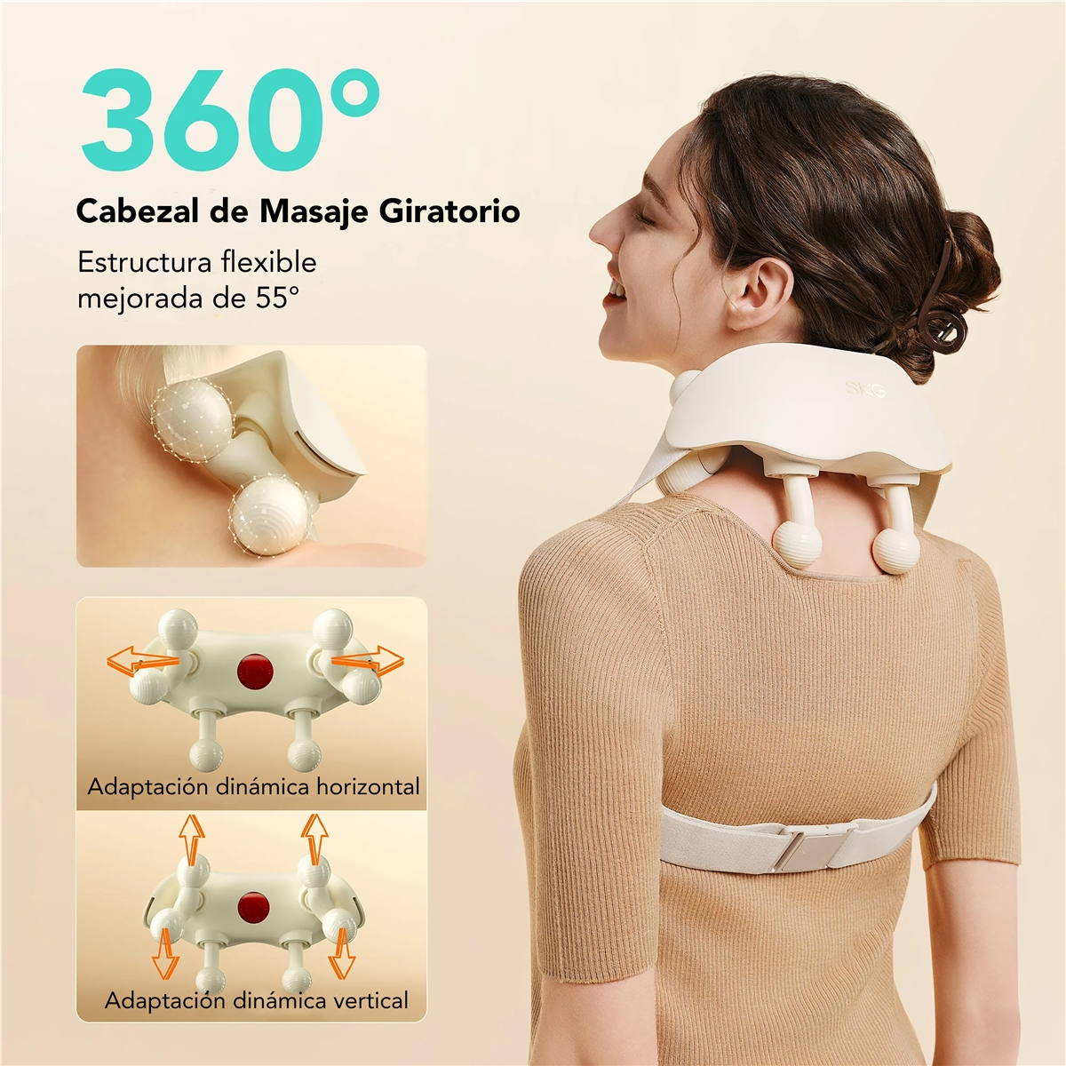 Donna con massaggiatore per il collo, testina rotante a 360°, struttura flessibile.