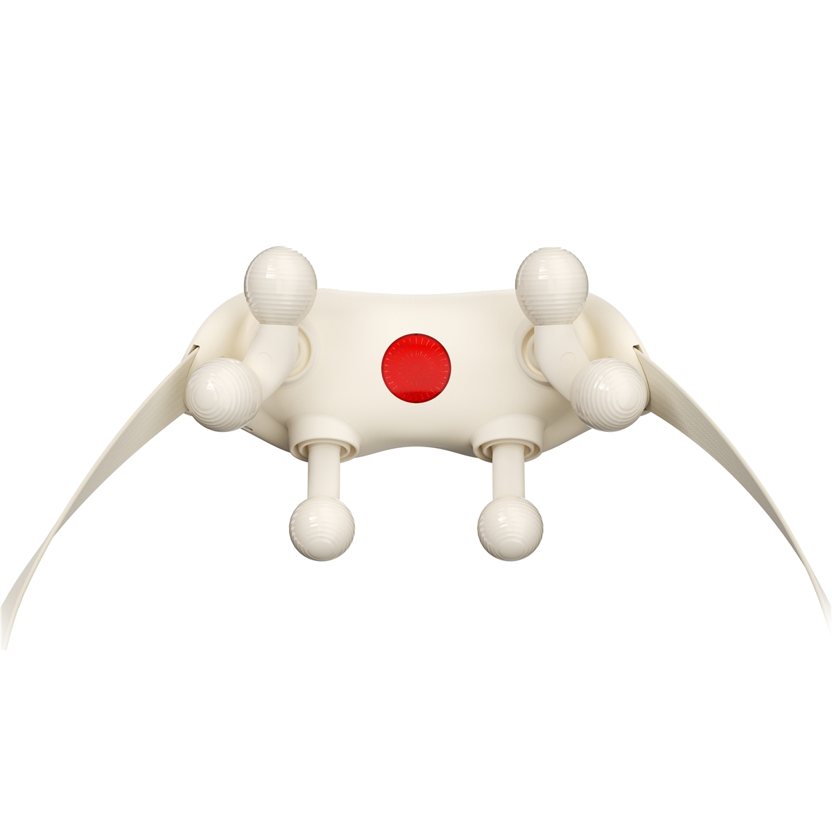 Un drone bianco con quattro piedini a sfera e due ali. Un cerchio rosso al centro.