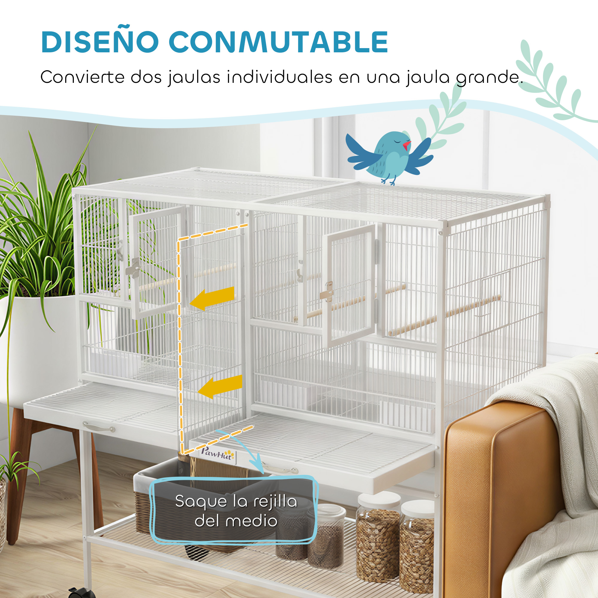 Se muestra una jaula blanca para pájaros, convertible en dos jaulas o una jaula grande.