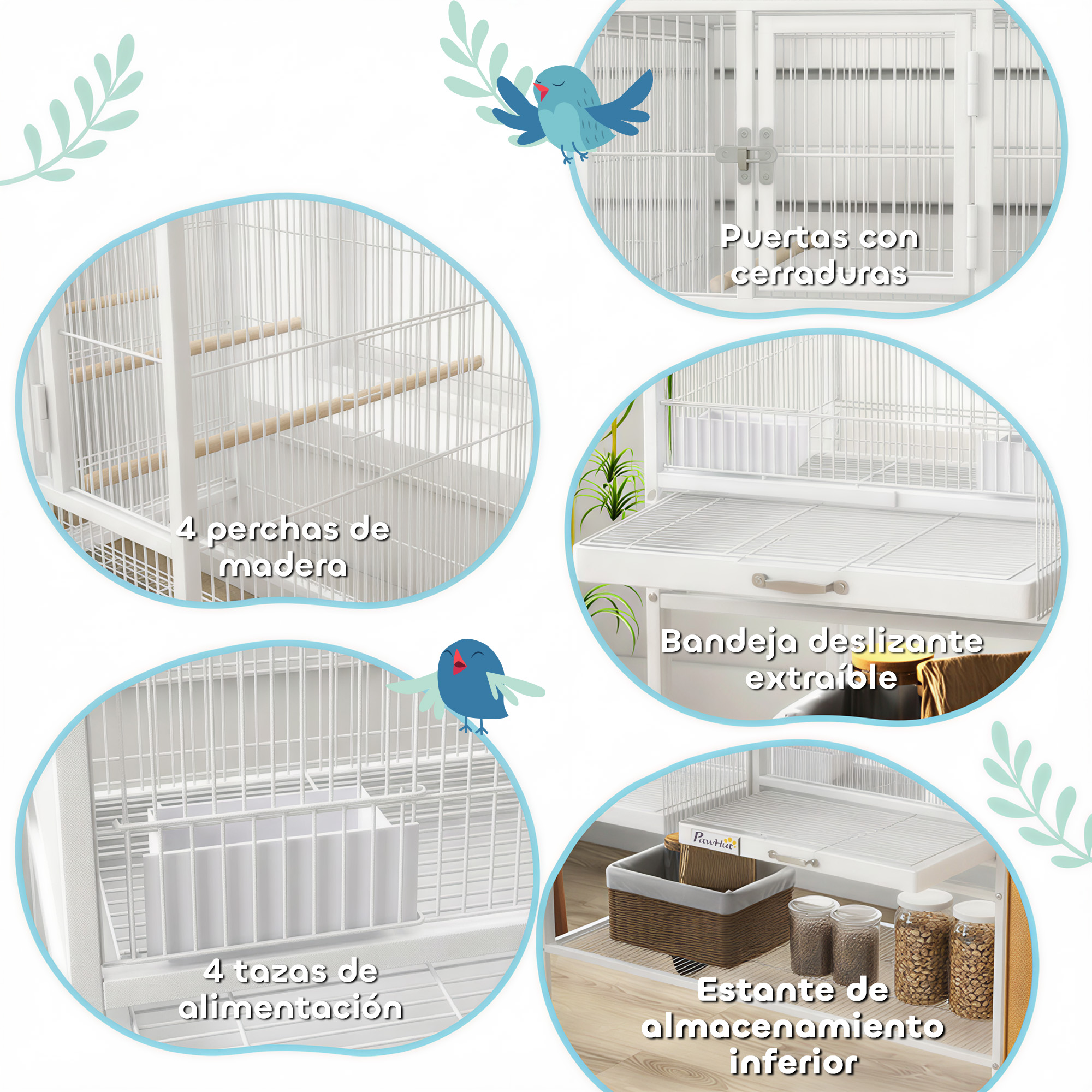 Una jaula blanca para pájaros con perchas de madera, comederos y estante.