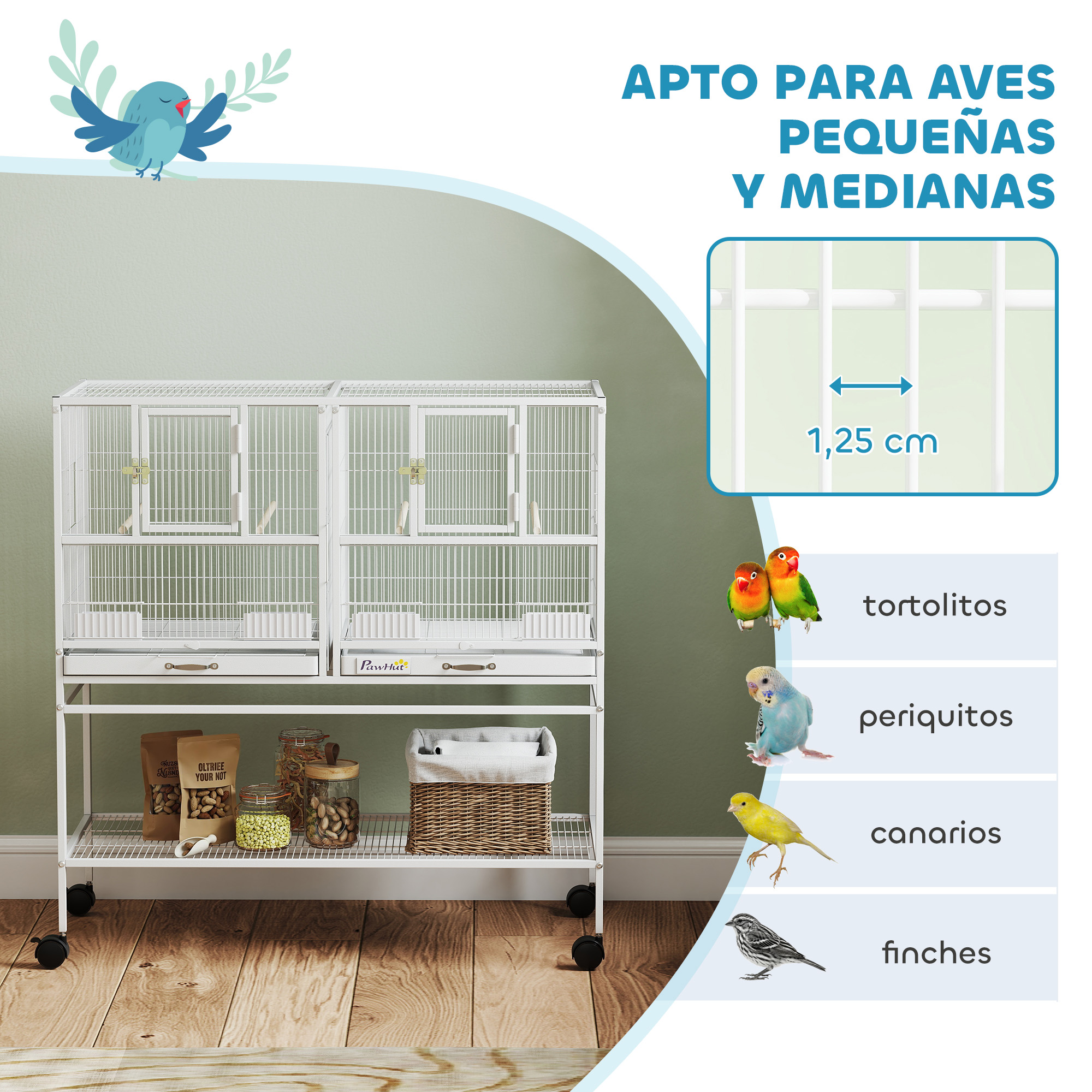 Una jaula blanca de dos niveles con ruedas, con comida y accesorios.