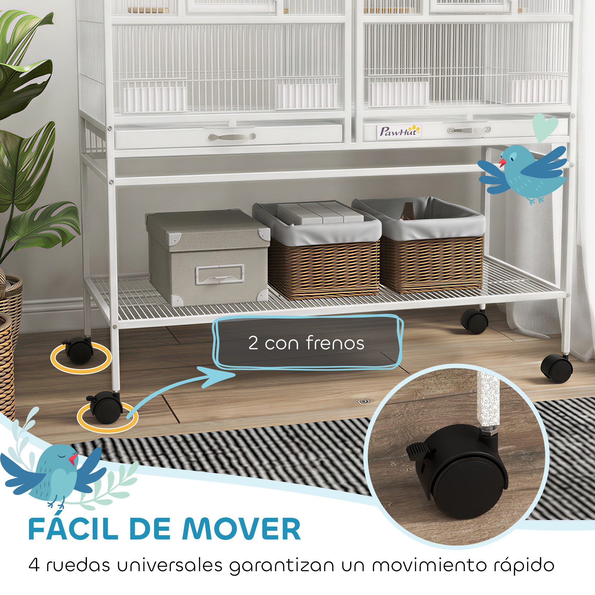 Una jaula blanca para pájaros con ruedas y cestas y cajas debajo. Primer plano de una rueda.