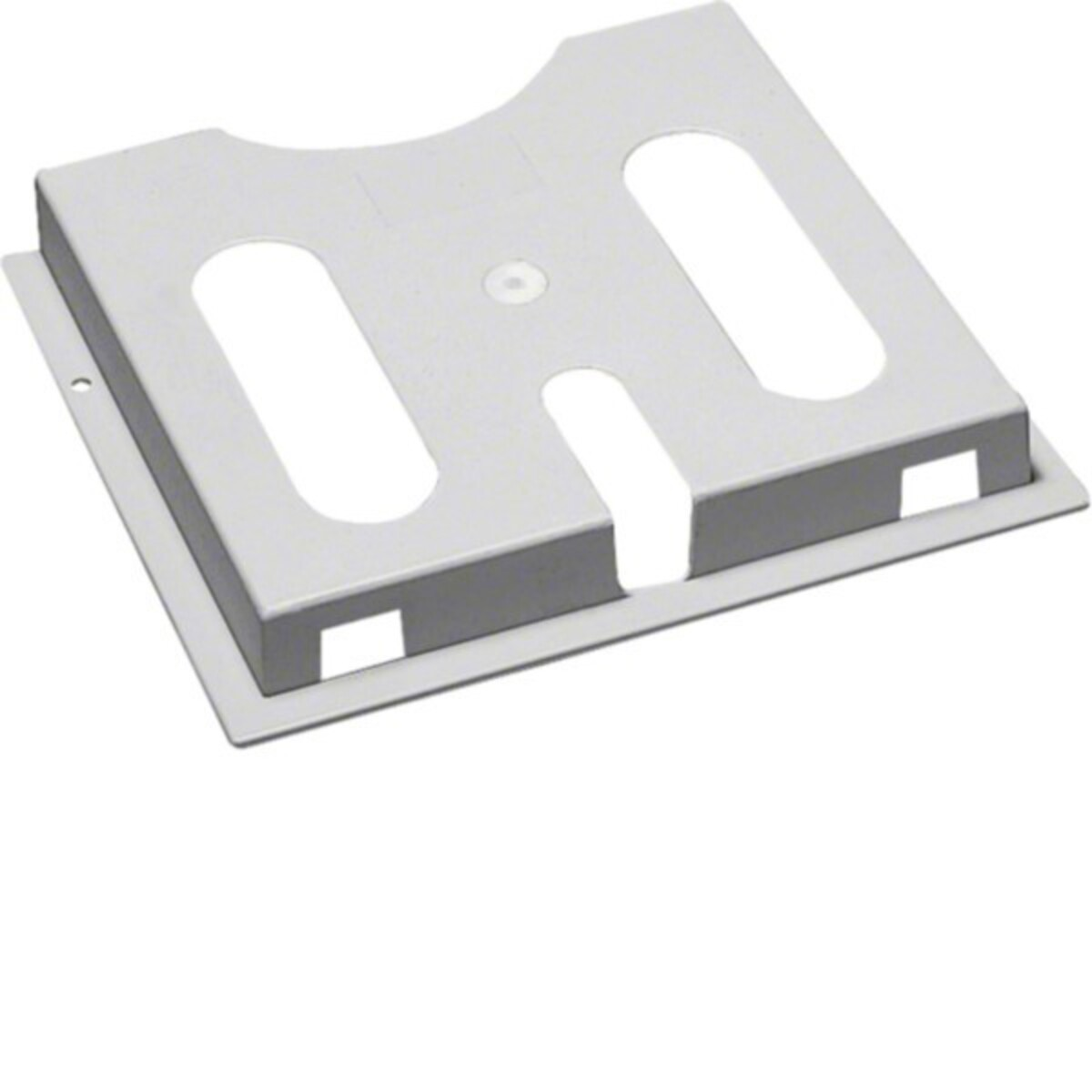 Telaio metallico grigio con due fessure allungate e ritagli rettangolari.