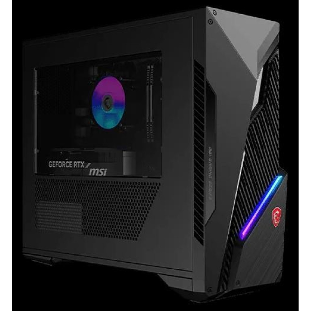 Czarny komputer gamingowy z widocznym wentylatorem RGB i kartą RTX.