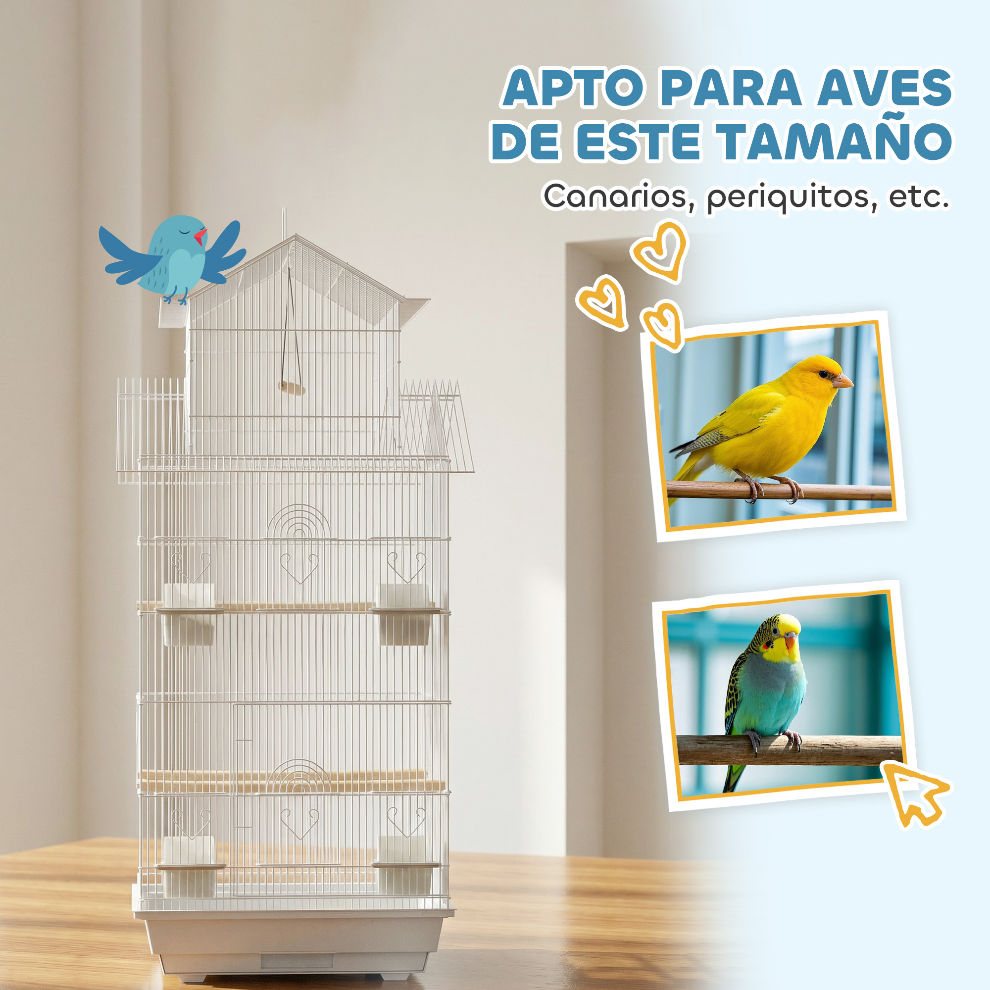 Una jaula blanca para pájaros sobre mesa de madera. Un pájaro azul a la izquierda.