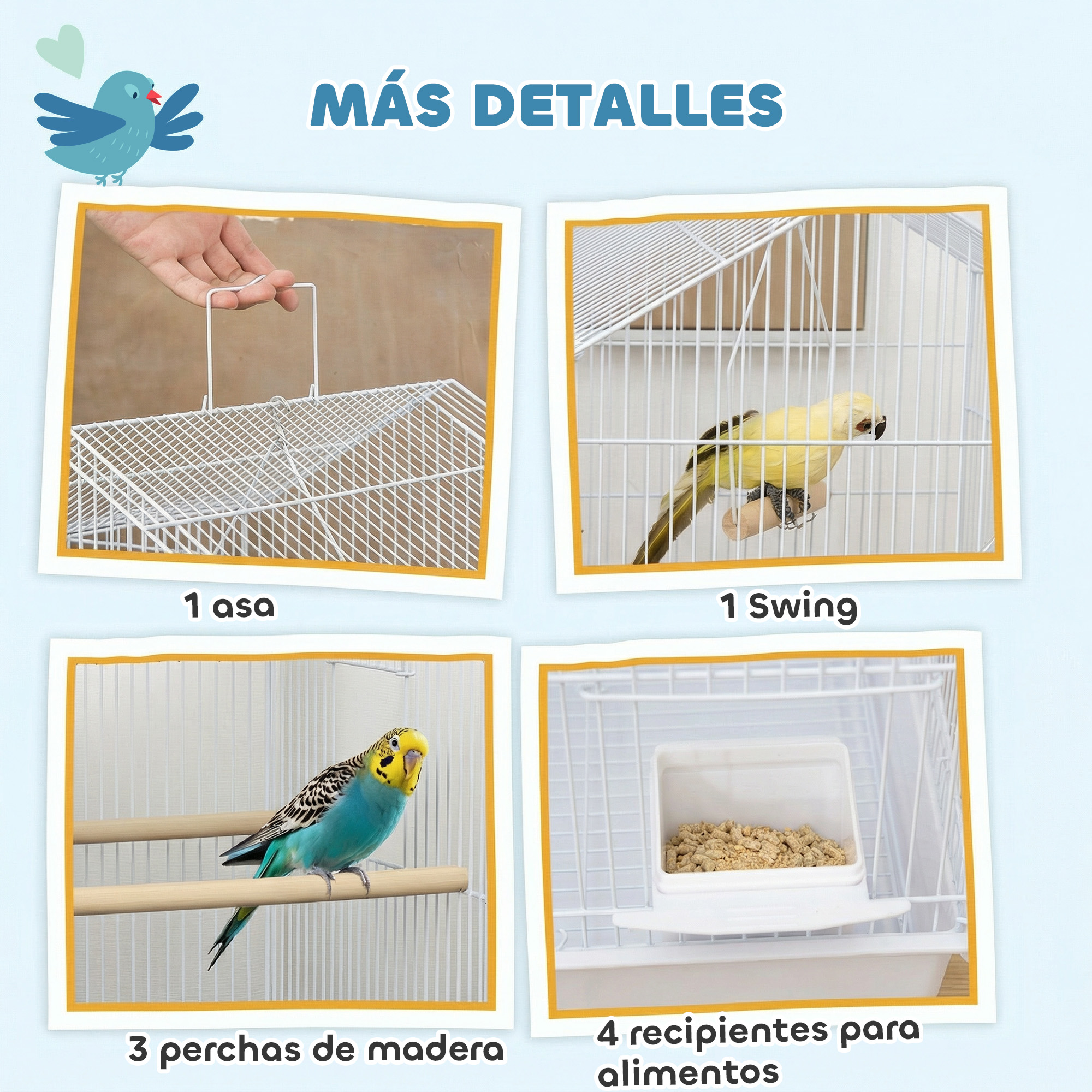 Una jaula para pájaros con características: asa, pájaro amarillo, pájaro azul, perchas, comedero.