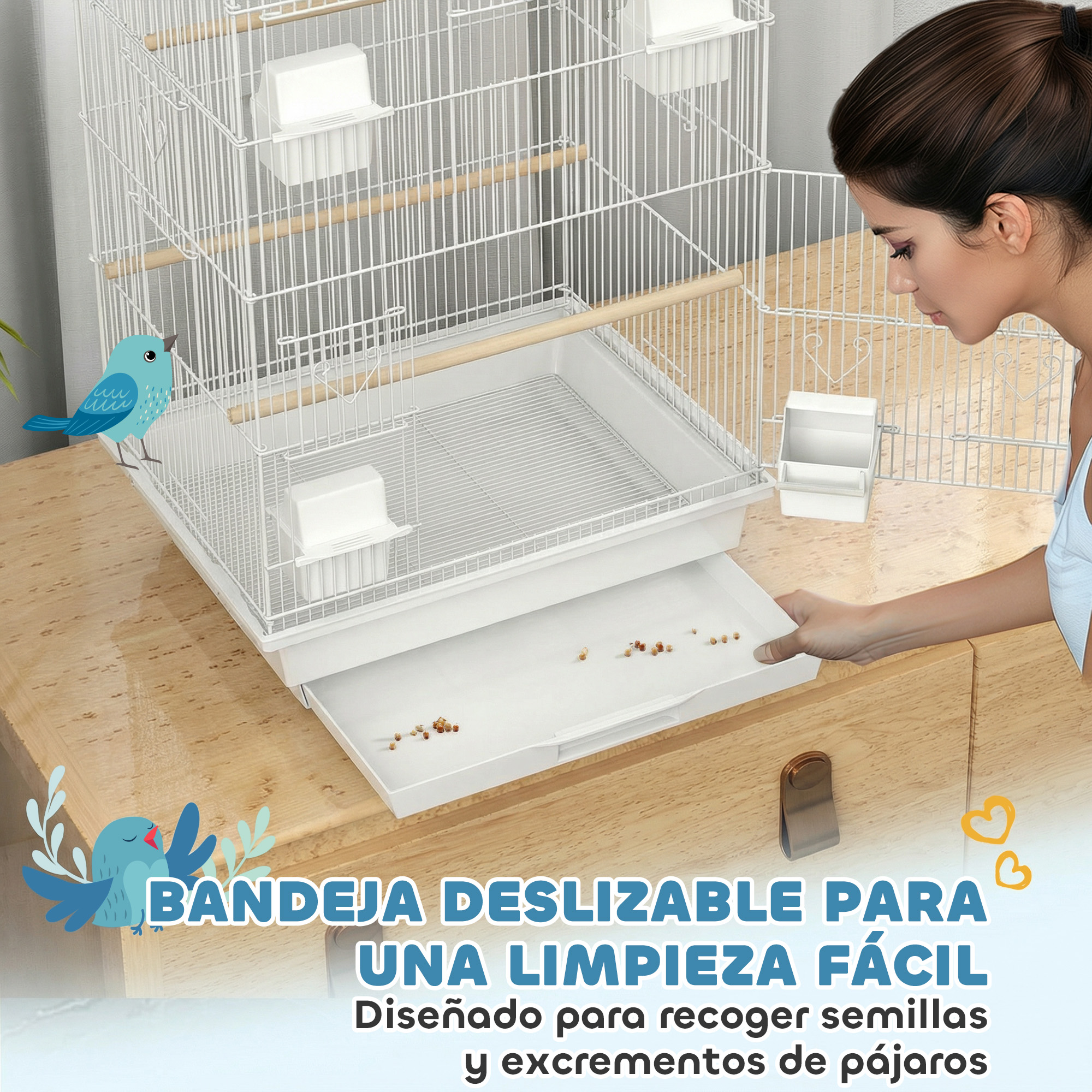 Una mujer limpia una bandeja de jaula de pájaros con semillas.