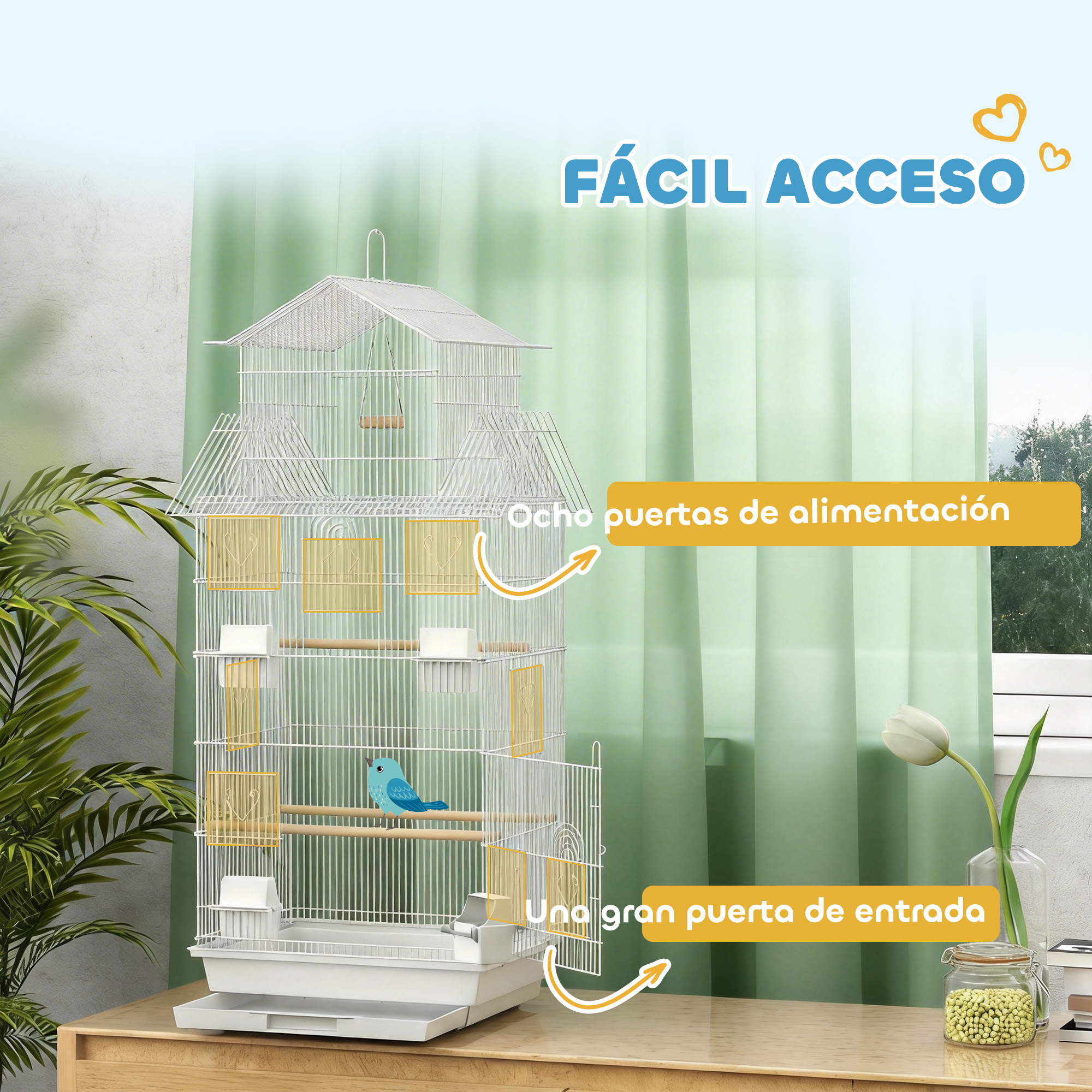 Una jaula blanca para pájaros con un pájaro azul, comederos y perchas.