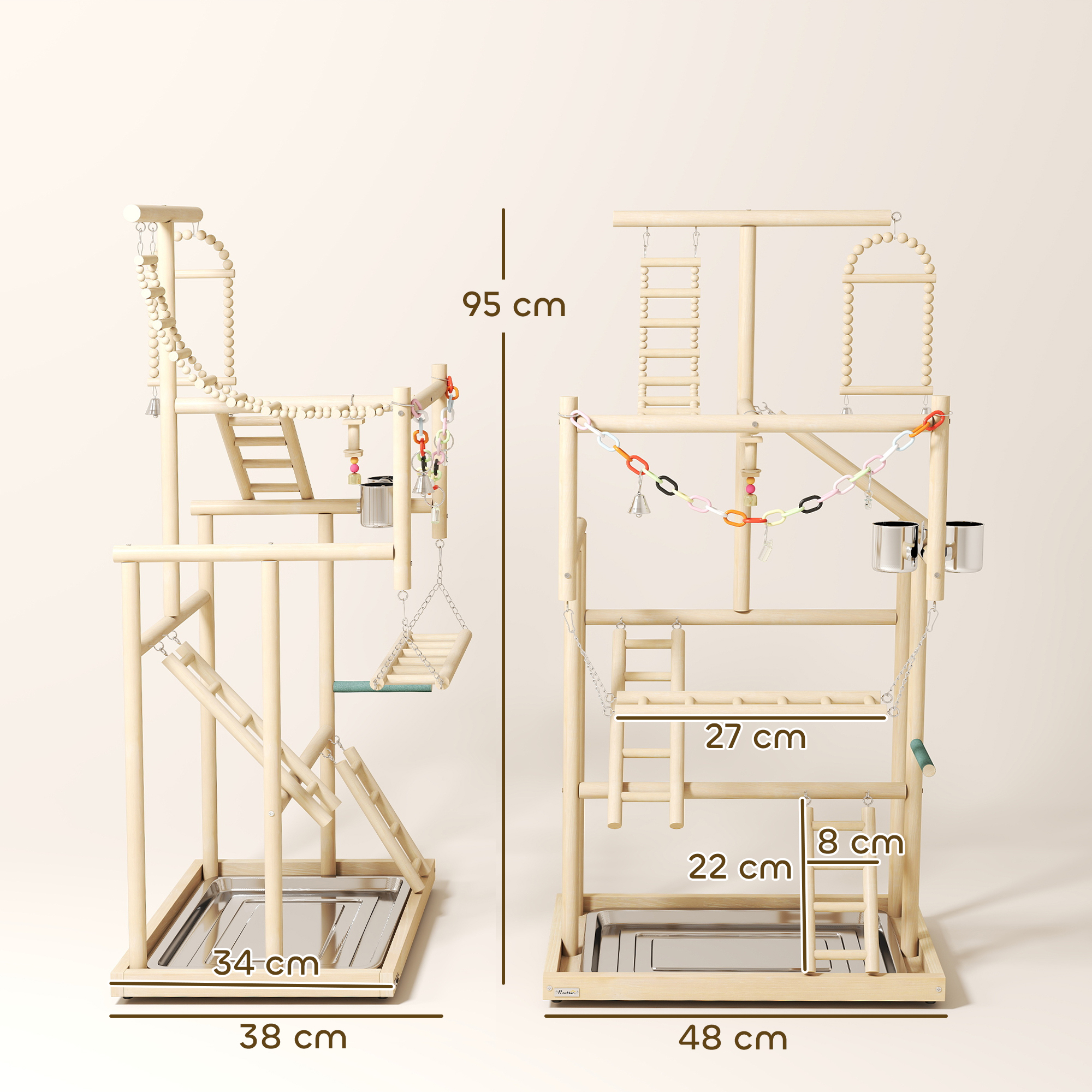 Dos parques de juegos de madera para pájaros con accesorios, se indican las dimensiones.