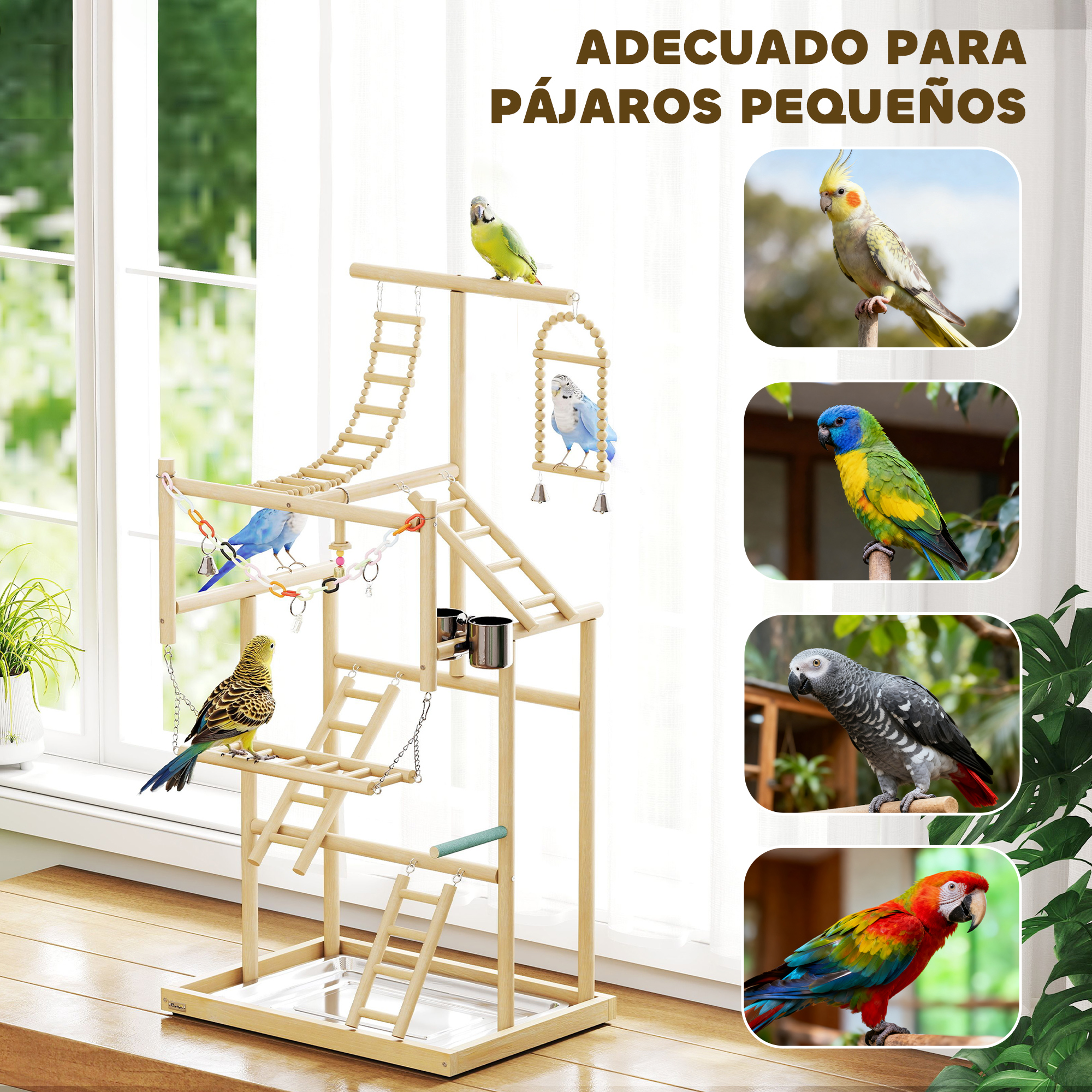 Parque de juegos de madera para pájaros con perchas, escaleras y juguetes.