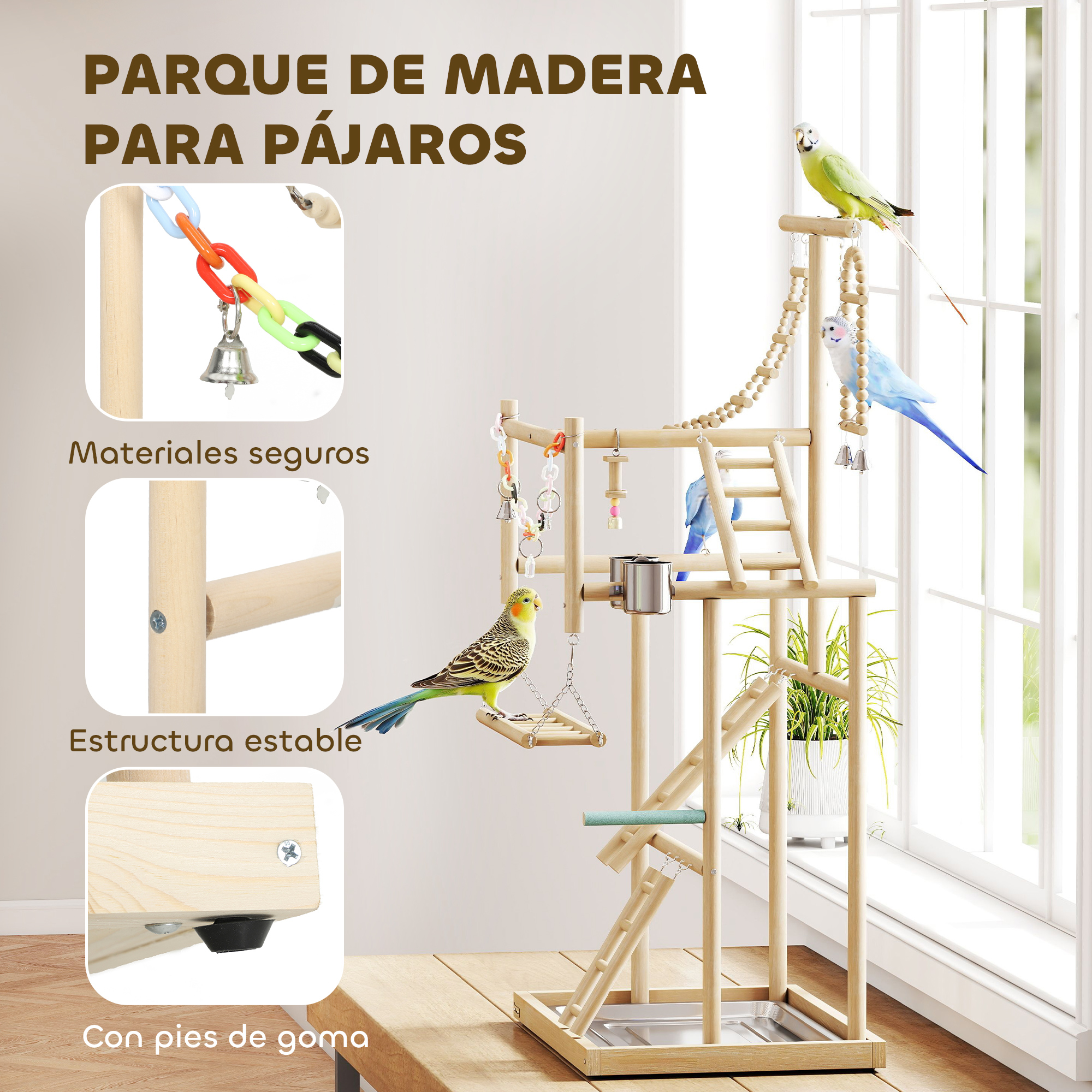 Un parque de juegos de madera para pájaros con cuatro pájaros, accesorios.