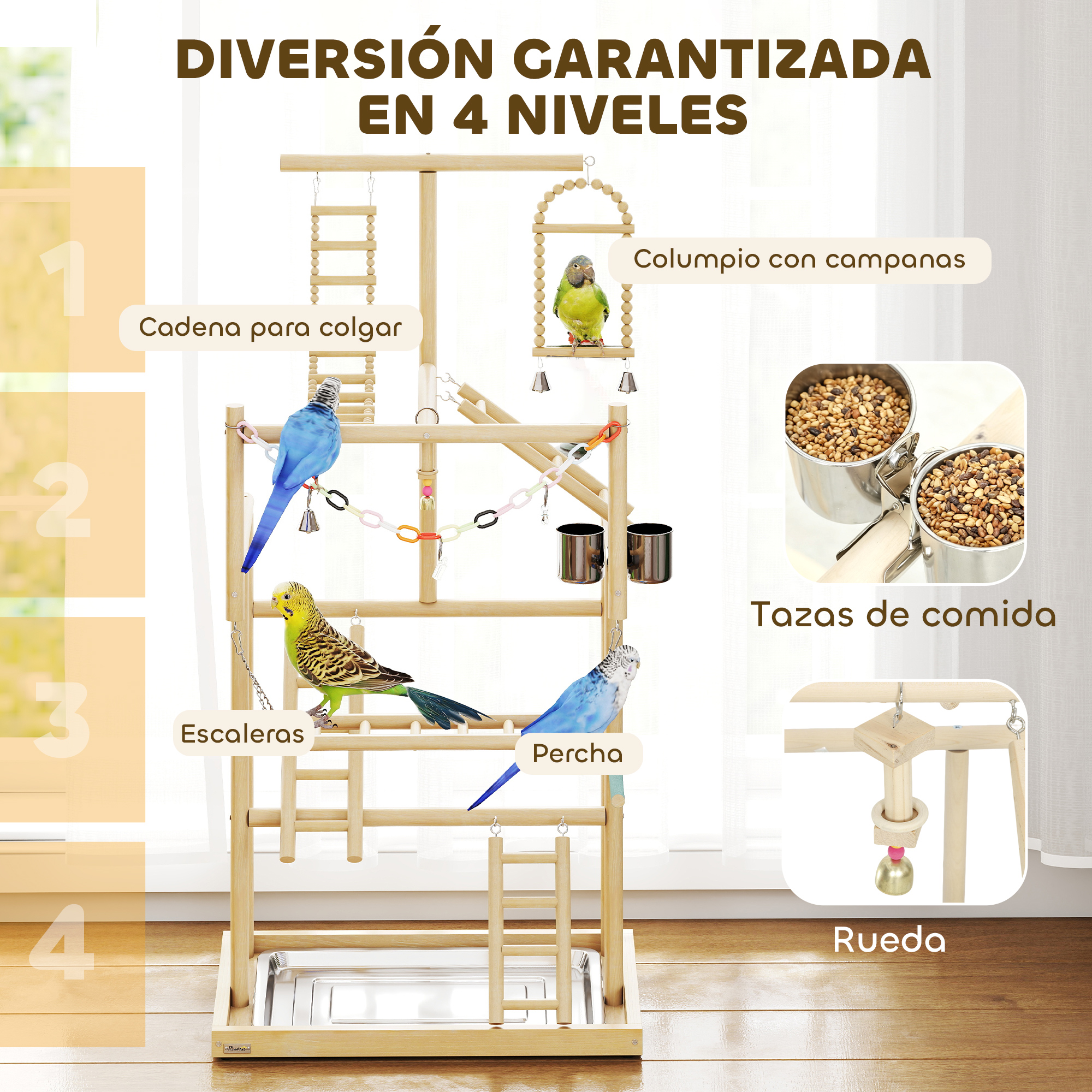 Parque de juegos de madera para pájaros con 3 periquitos, escaleras.
