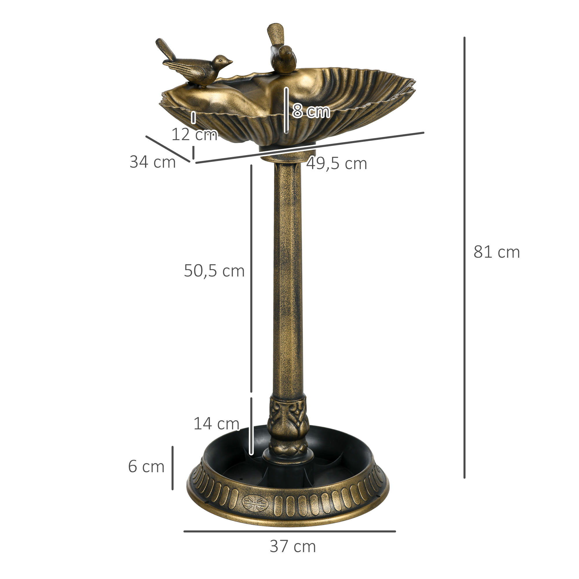 Bebedero de pájaros de bronce con dos pájaros en un pedestal, con medidas.