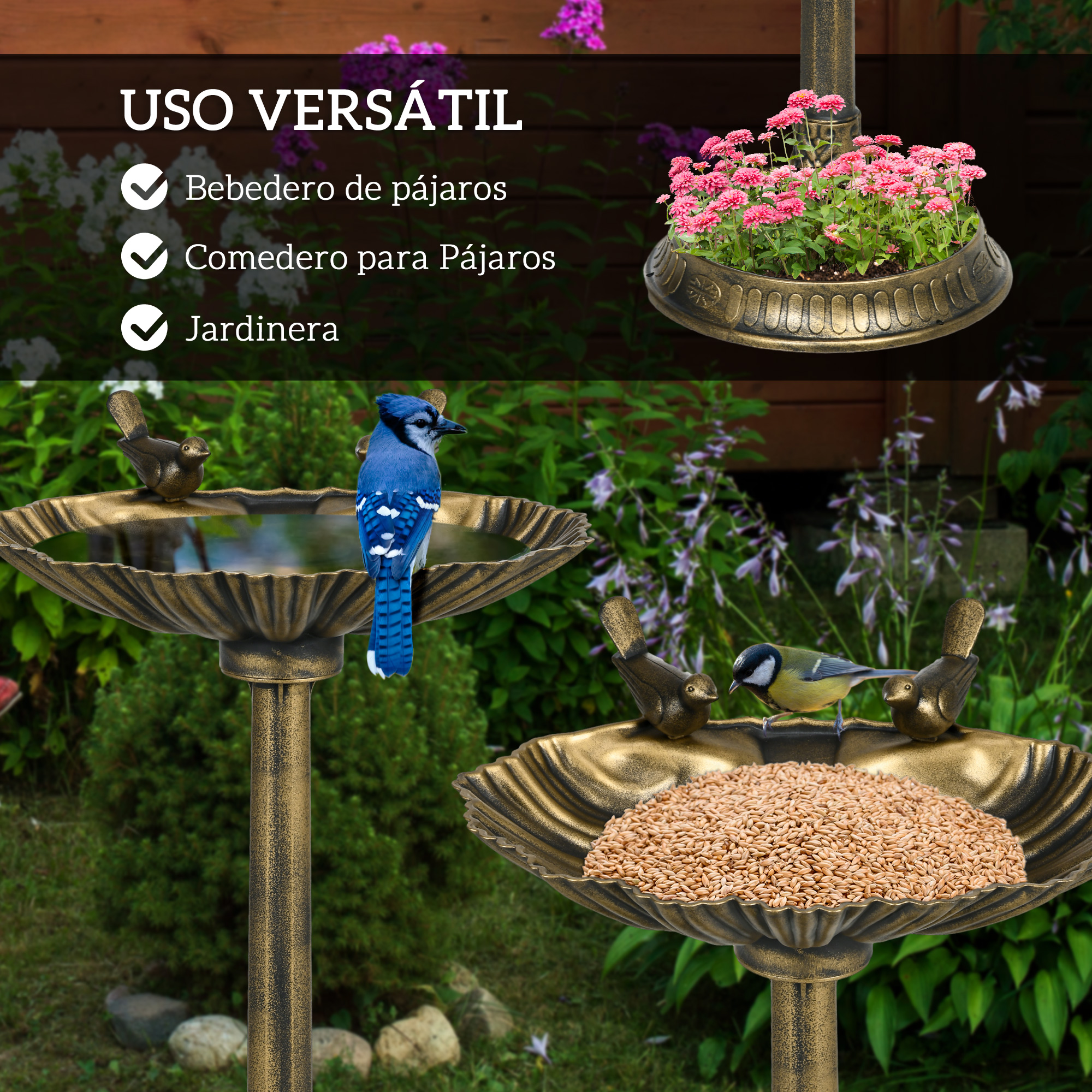 Un baño de pájaros de bronce con un arrendajo azul y semillas. Encima, una jardinera con flores rosas.