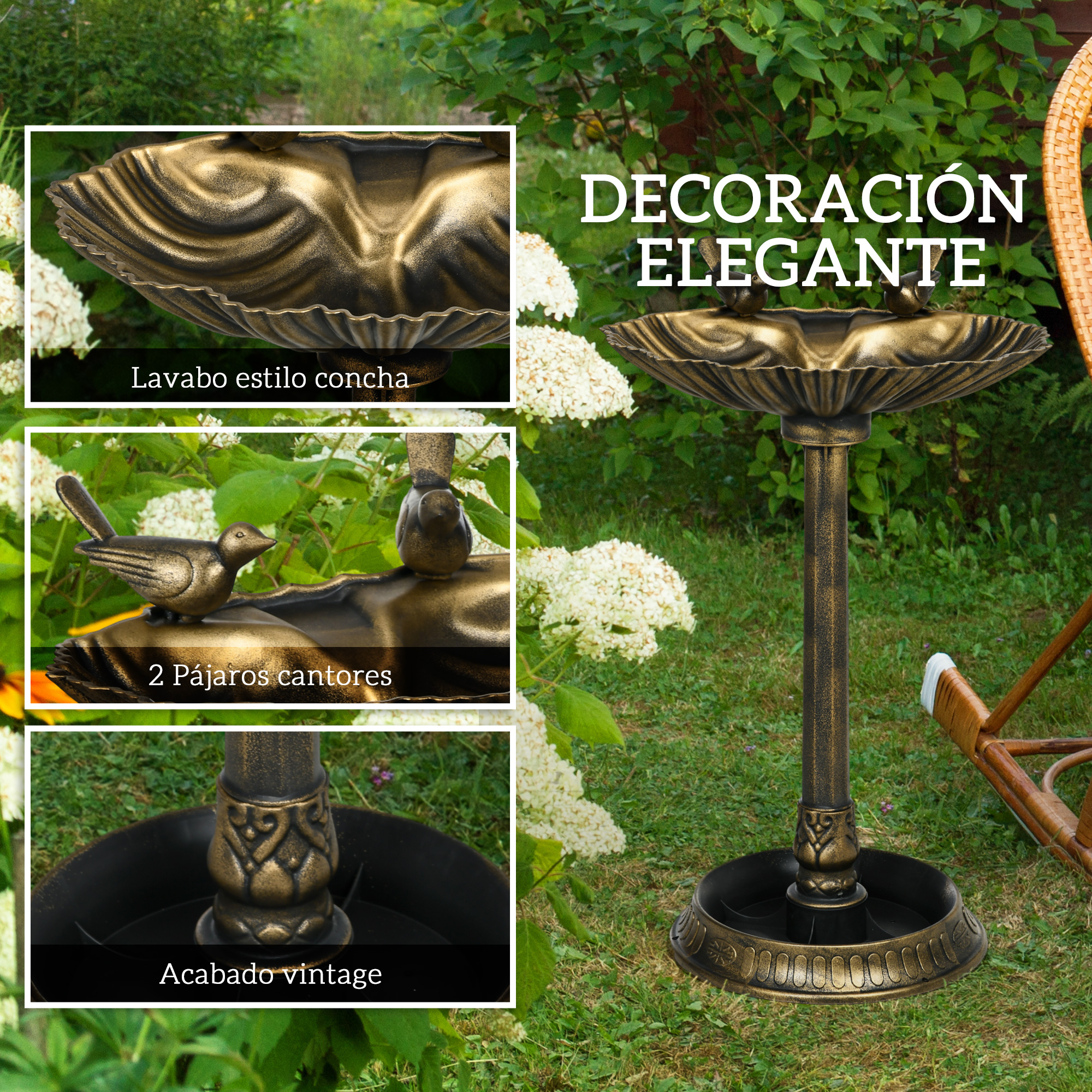 Bebedero decorativo estilo vintage con forma de concha y adornos de pájaros.