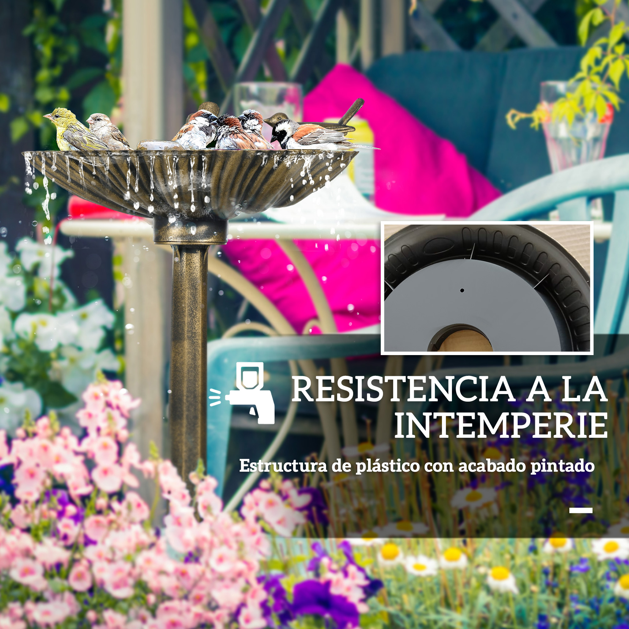 Pájaros bañándose en un abrevadero ornamentado con agua goteando. Muebles de jardín y flores al fondo.