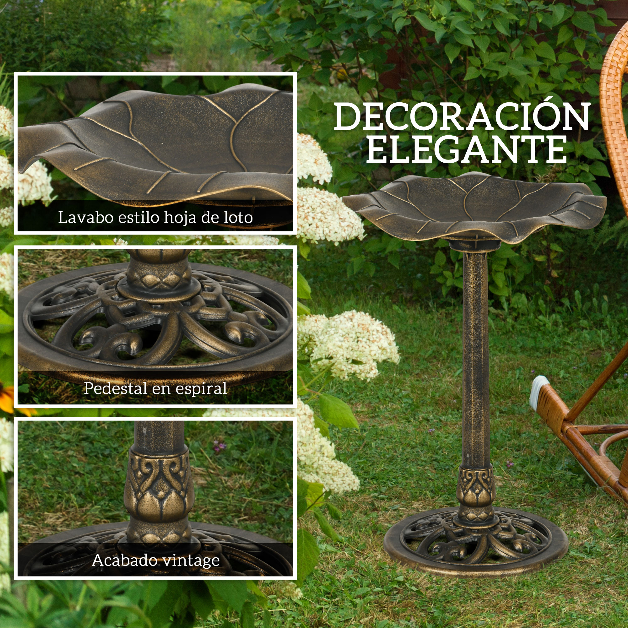 Bebedero decorativo forma hoja de loto con pedestal elegante en jardín.