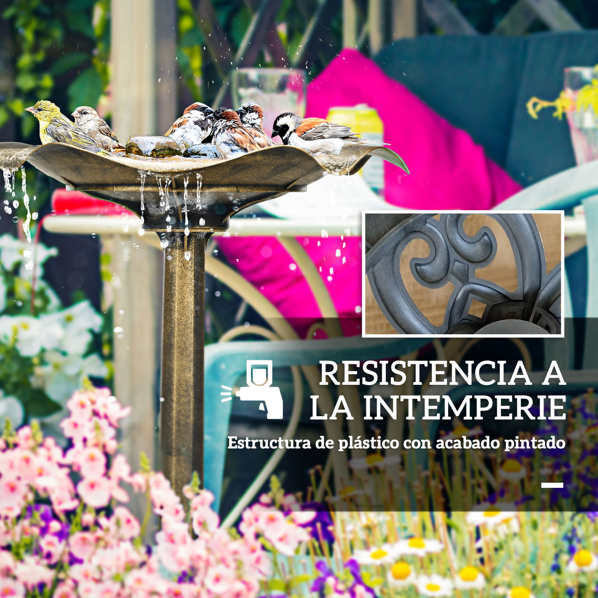 Pájaros en un baño de pájaros con flores y muebles de jardín.