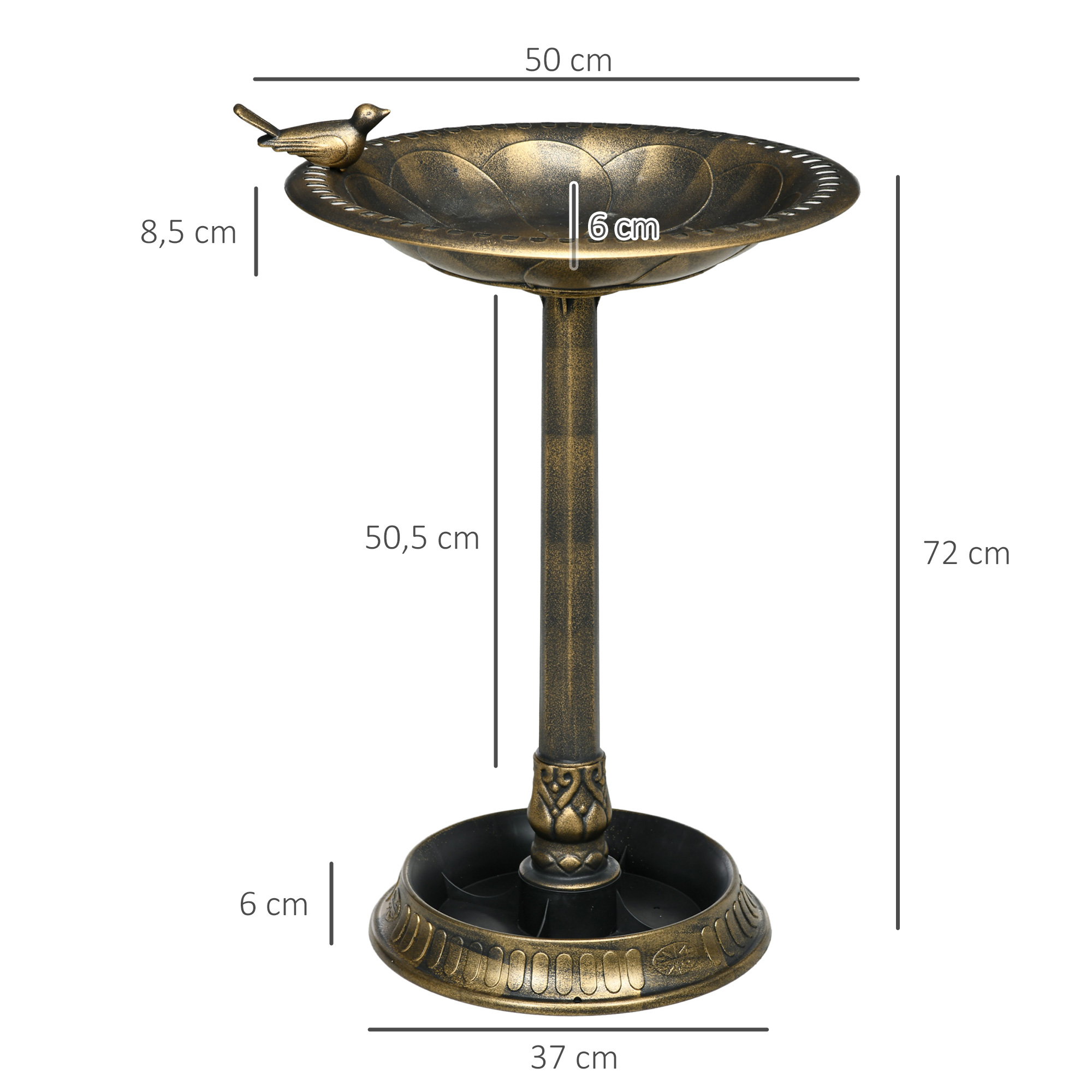 Bebedero para pájaros de color bronce con decoración de pájaro en el borde y pedestal.