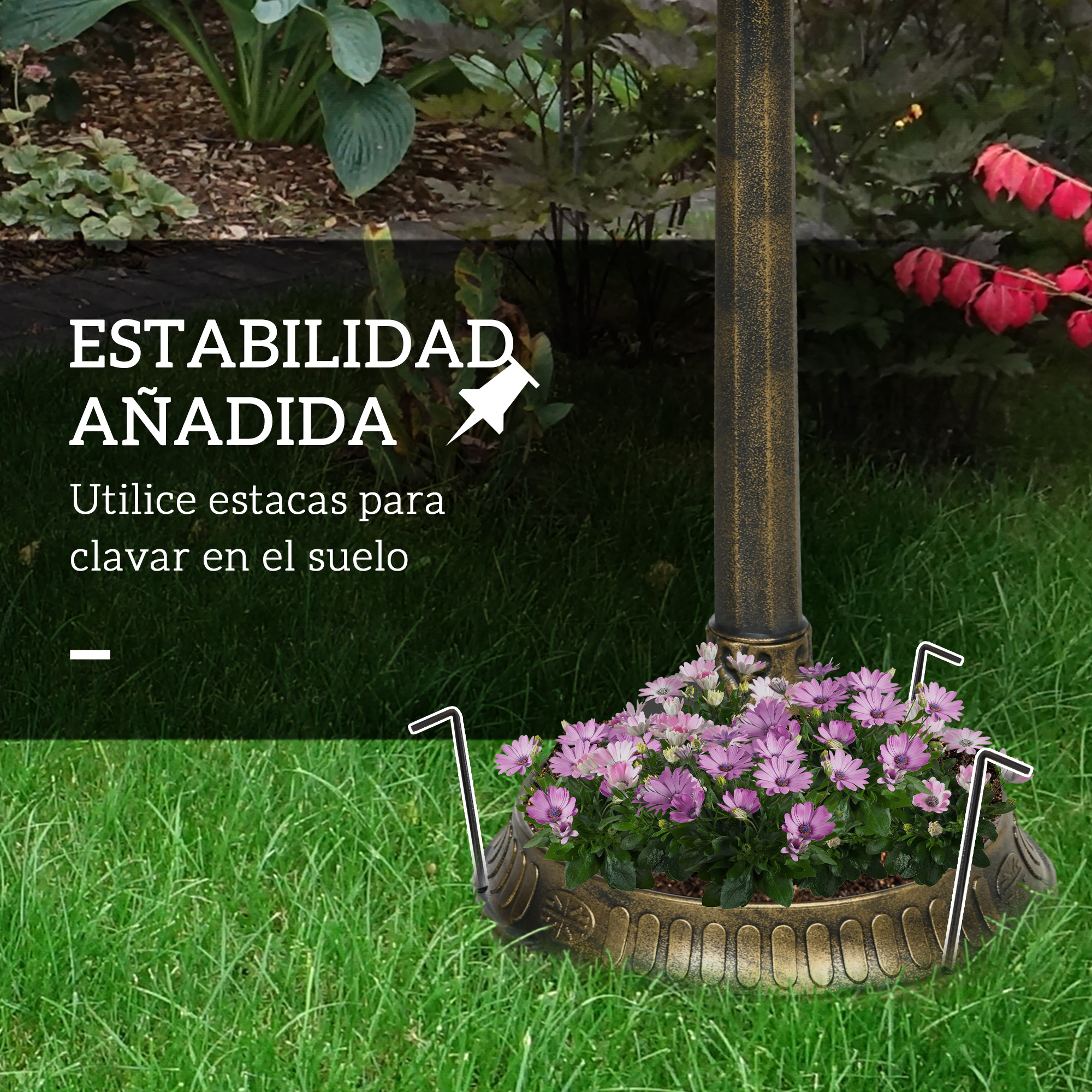 Un poste dorado con flores púrpuras, con texto "ESTABILIDAD AÑADIDA".