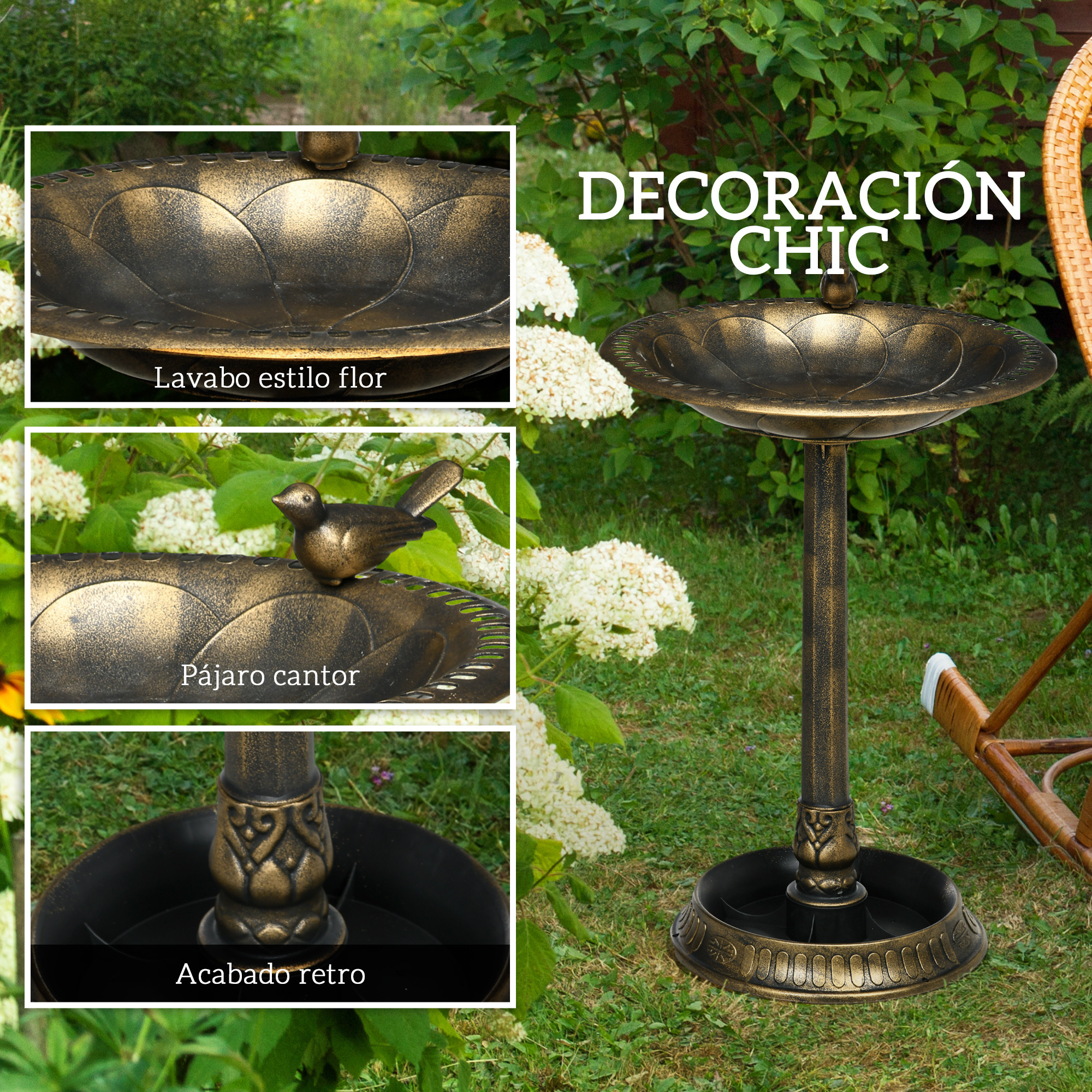 Un bebedero de pájaros de bronce con diseño floral, un pájaro y una base retro.