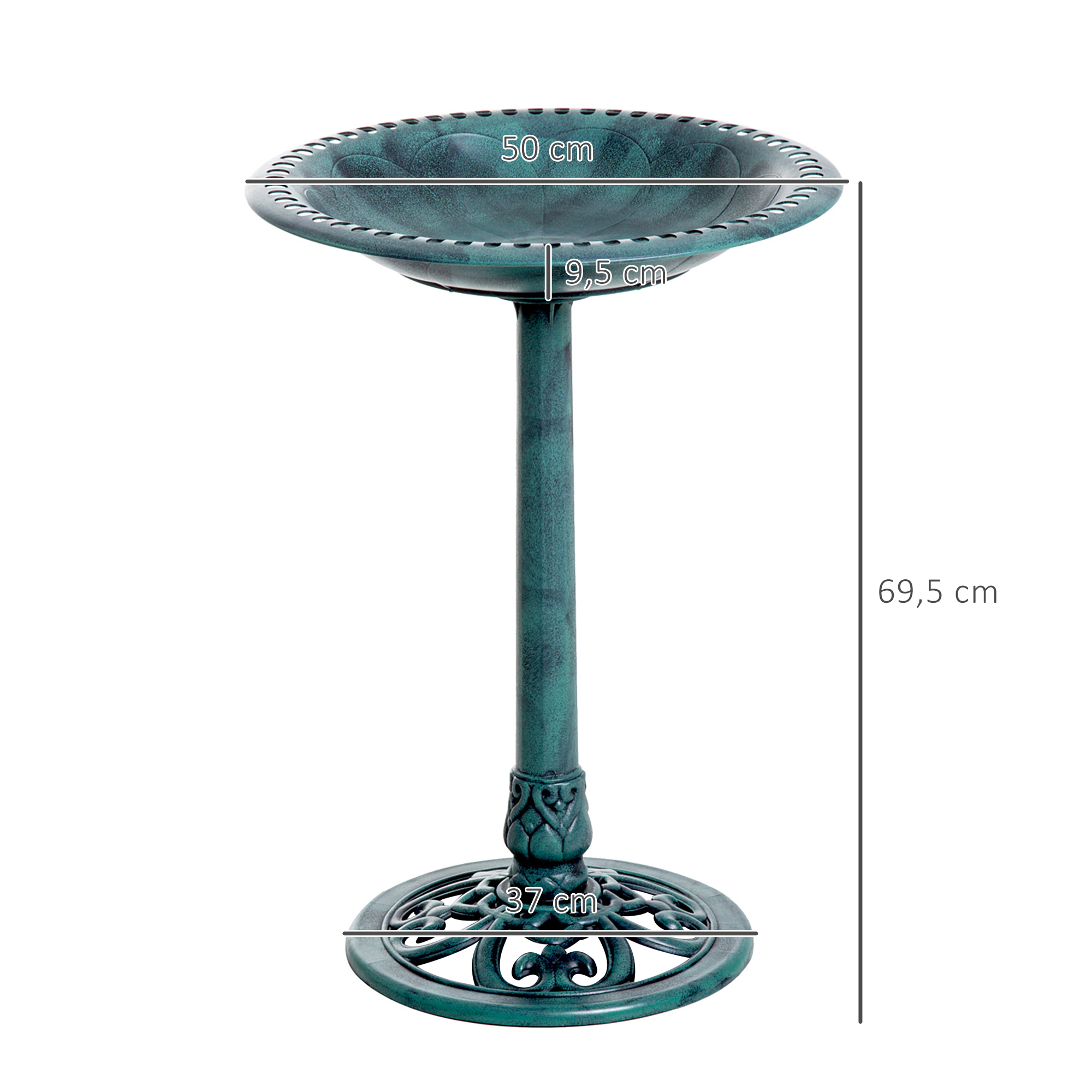 Bebedero para pájaros verde sobre pedestal con adornos, Al: 69,5 cm.