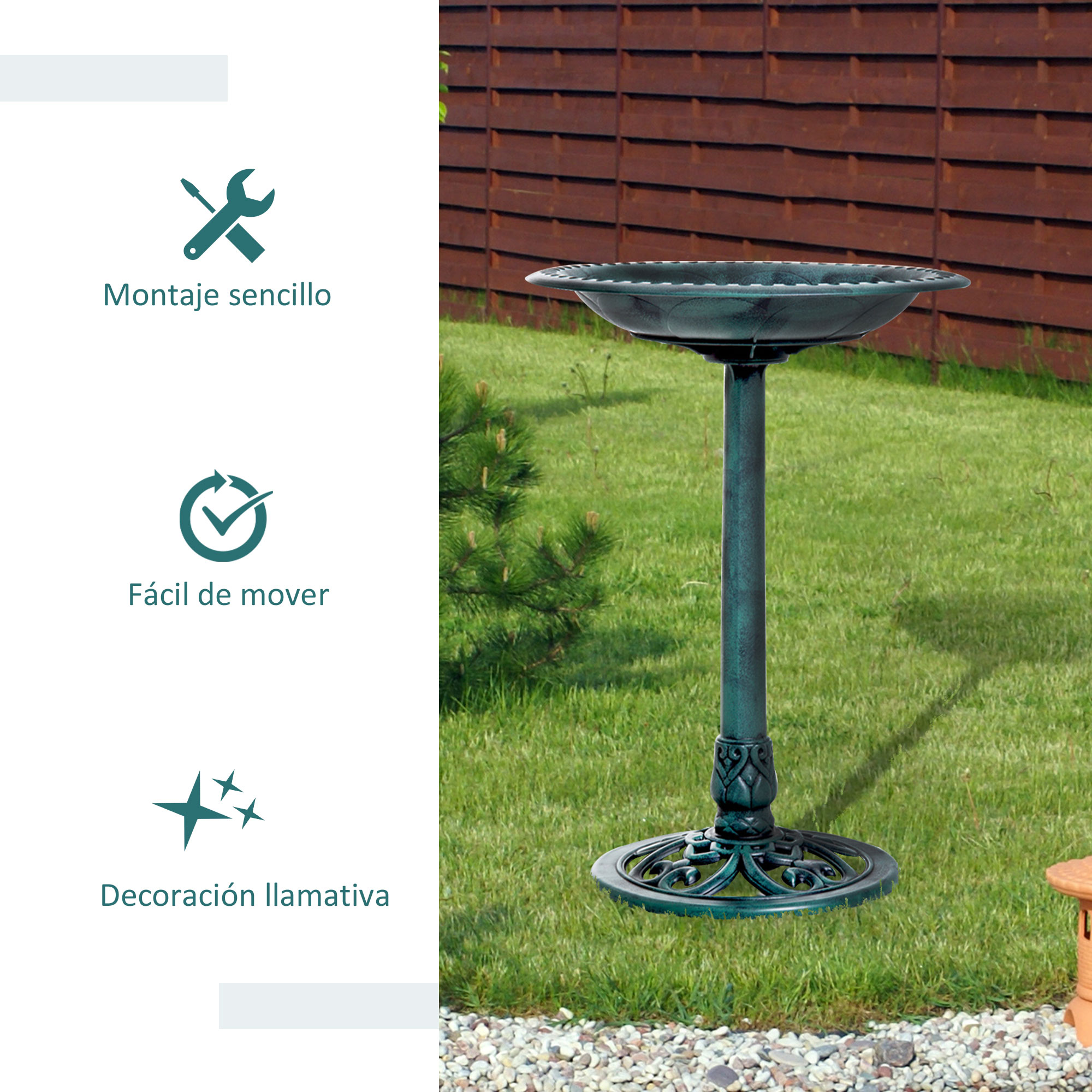 Un soporte verde para bebedero de pájaros con base ornamentada.