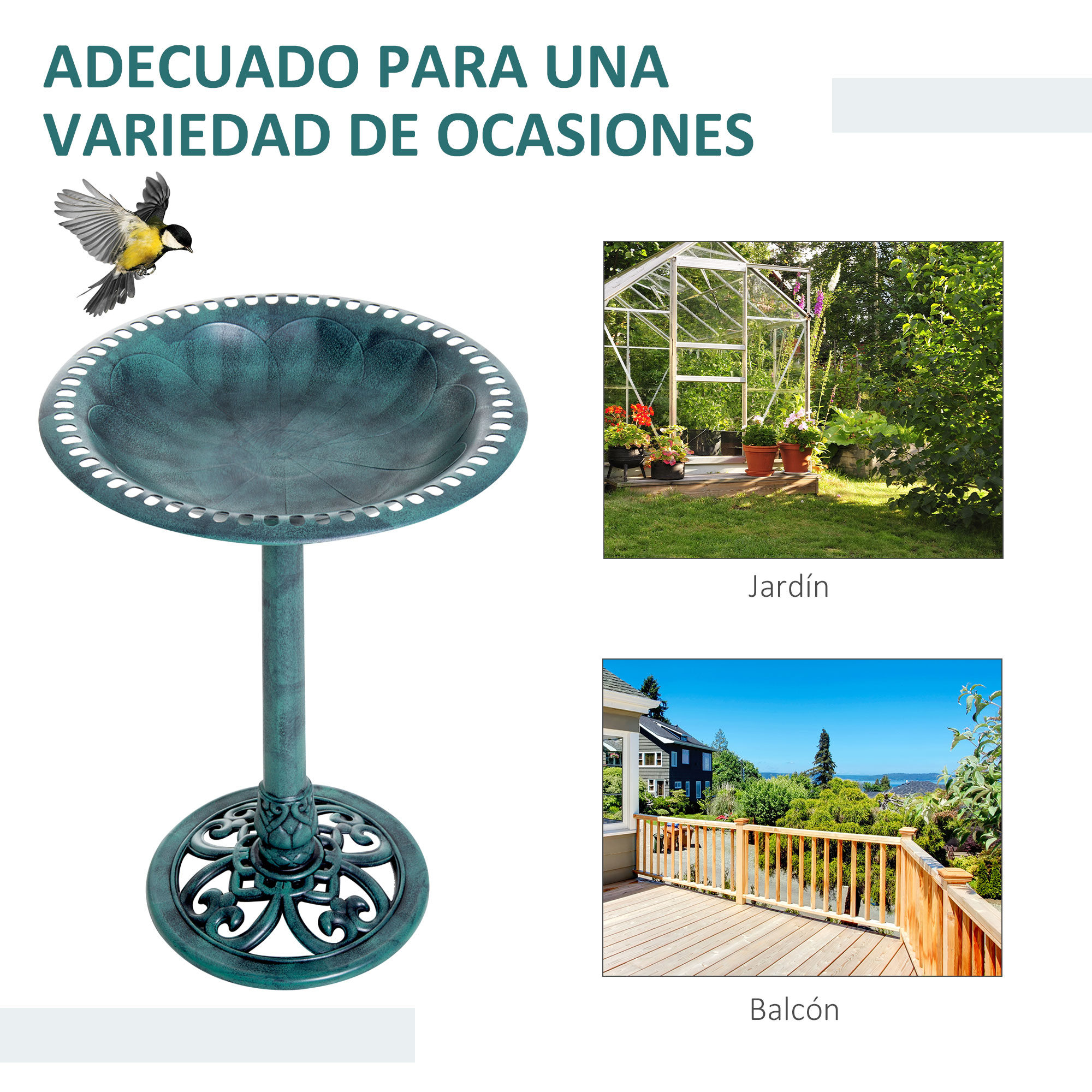Un pájaro vuela sobre un soporte ornamentado para bebedero. A la derecha hay un invernadero y una terraza.