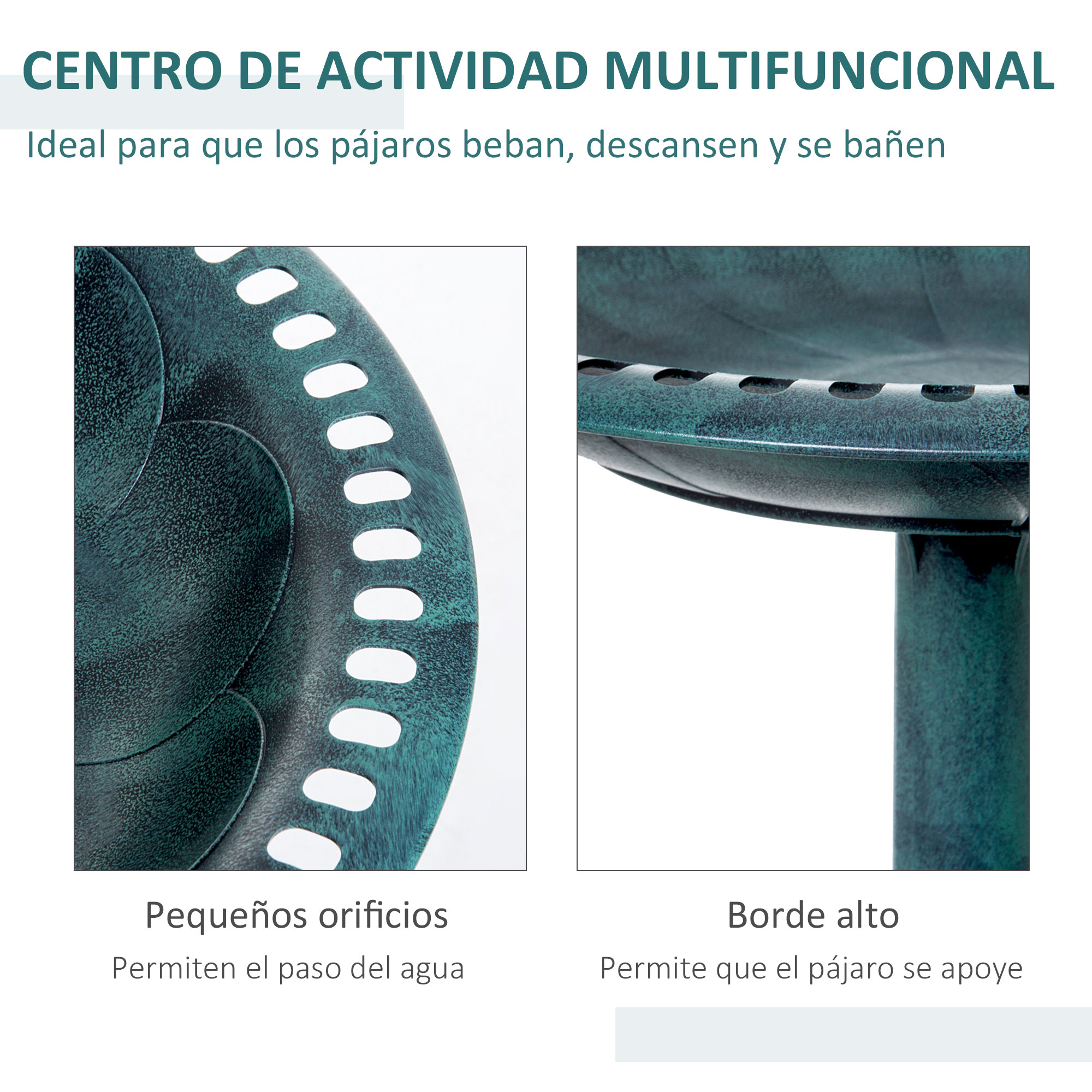 Detalle de bebedero para pájaros verde con orificios y borde.