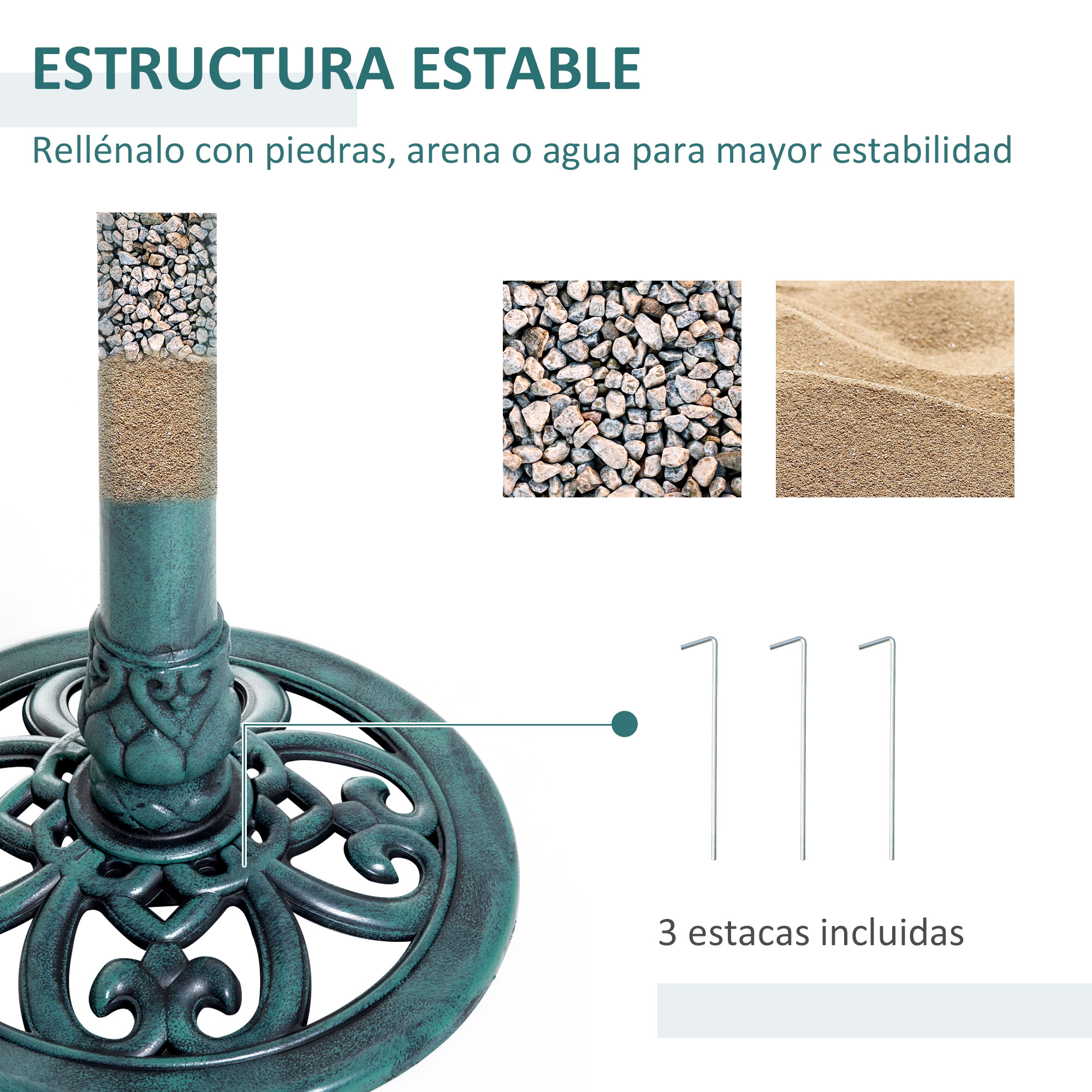 Base de mesa verde con materiales de relleno: piedras, arena y tres estacas.