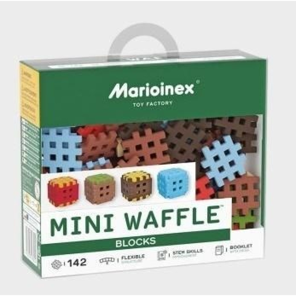 Pudełko klocków Marioinex Mini Waffle w kolorach czerwonym, niebieskim, brązowym i zielonym.