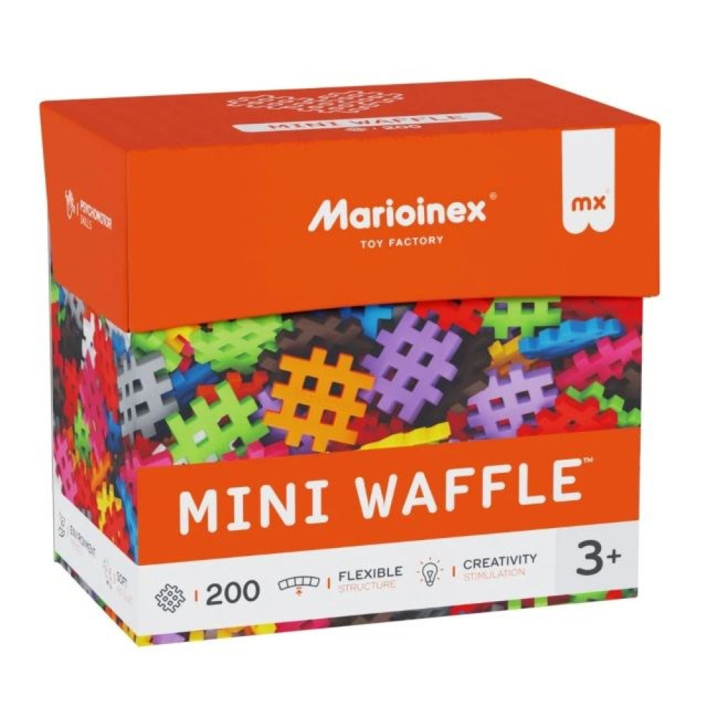Pudełko klocków Marioinex Mini Waffle w różnych kolorach.