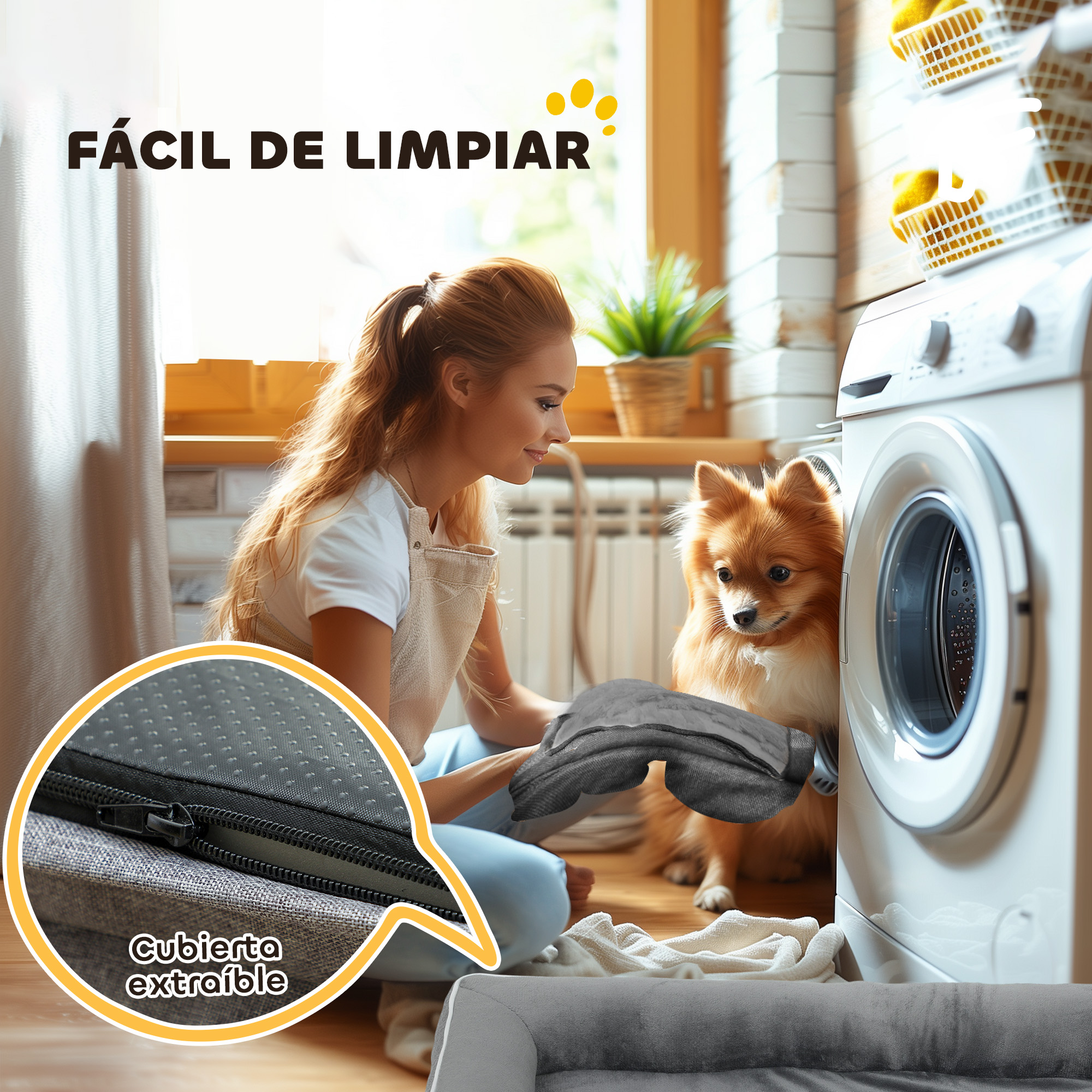 Mujer con perro en lavadero, mostrando funda extraíble para cama.