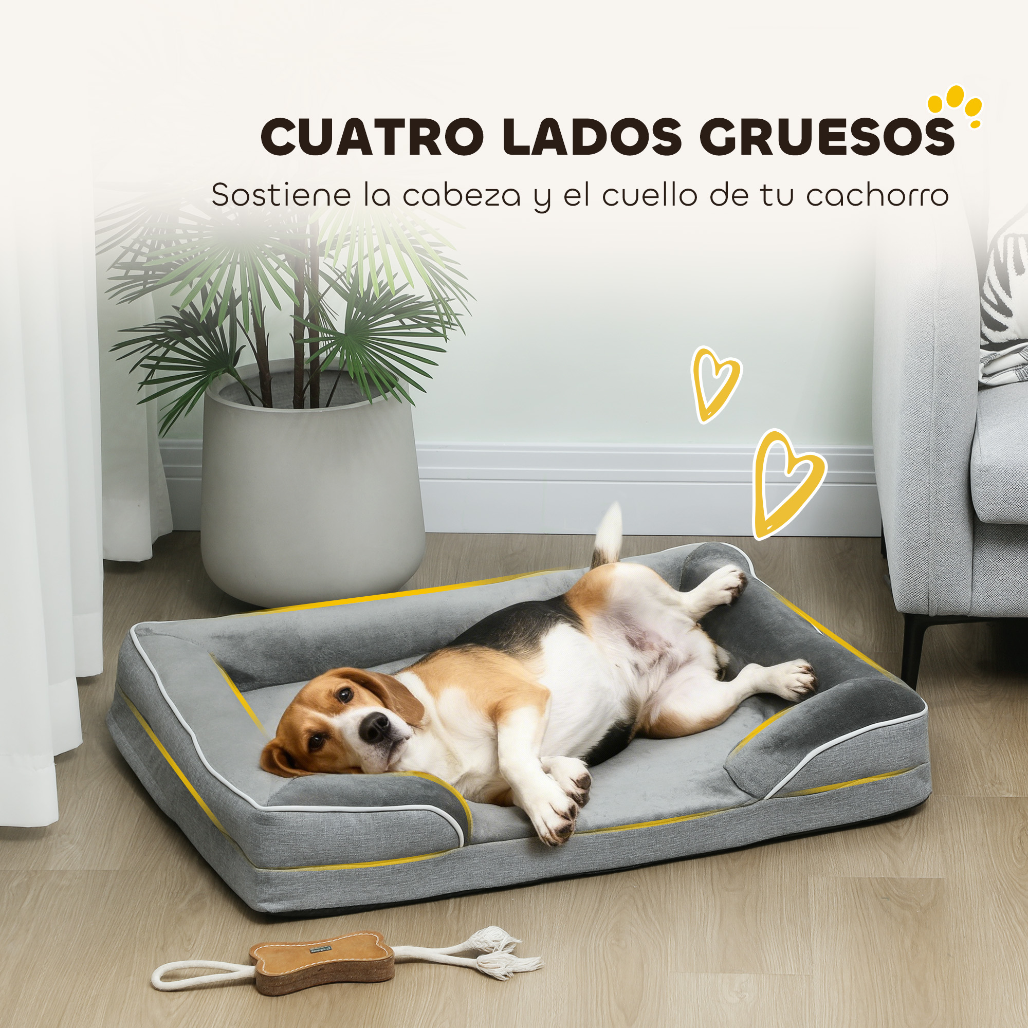 Un beagle yace en una cama para perros gris con detalles amarillos.