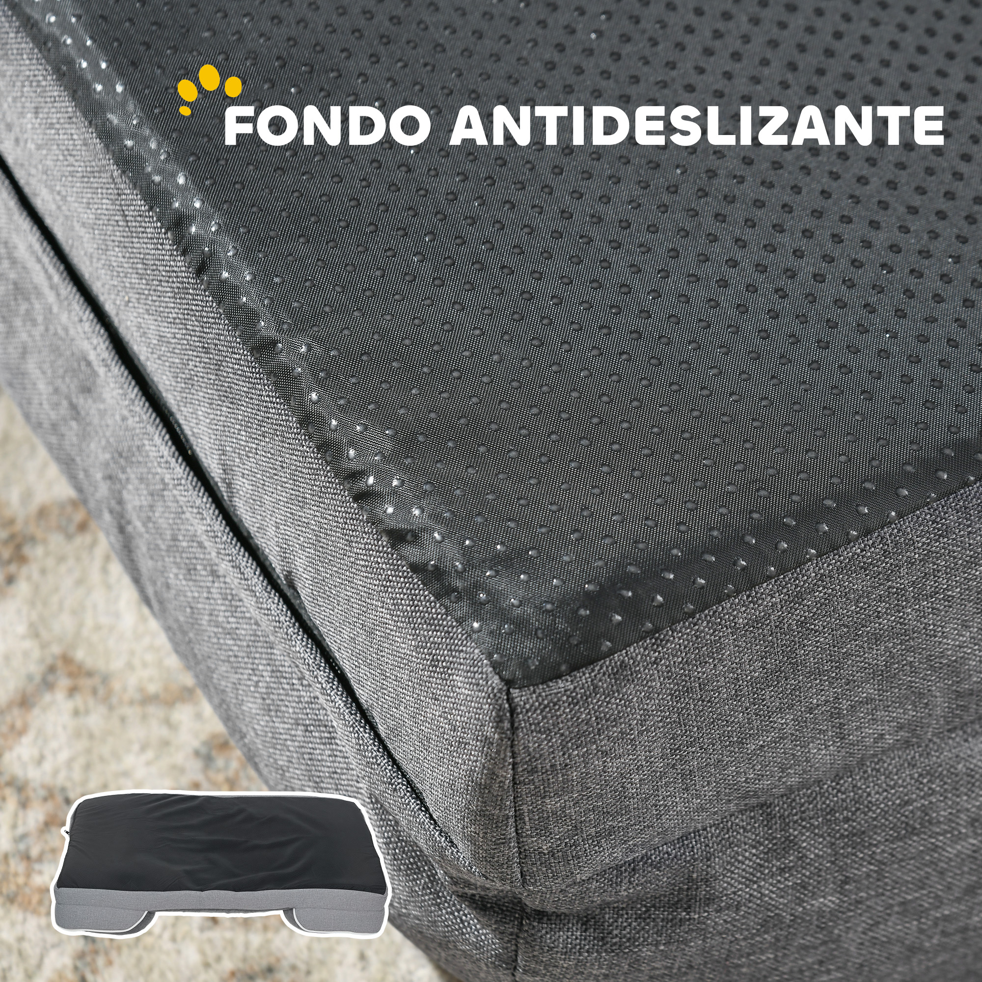 Tela gris con puntos antideslizantes y una imagen pequeña de un cojín.